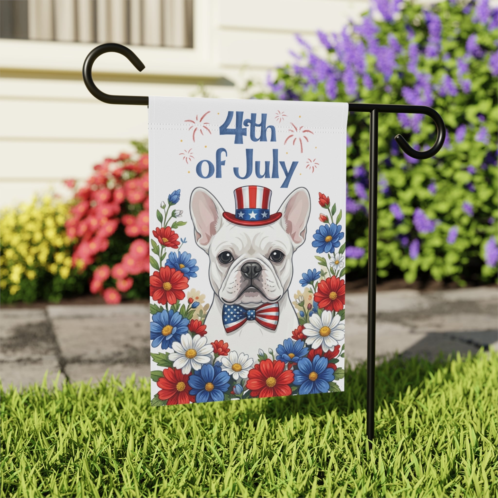 4th of July White French Bulldog Garden Flag
