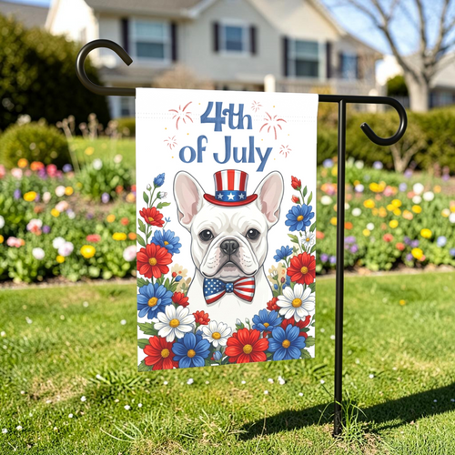 4th of July White French Bulldog Garden Flag - outdoor display - Dragonfire Gardens
