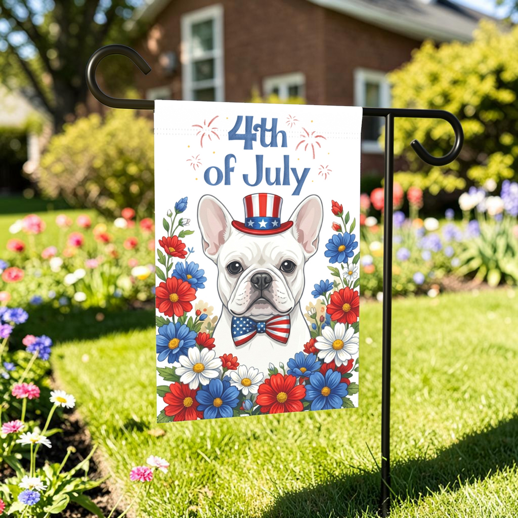 4th of July White French Bulldog Garden Flag