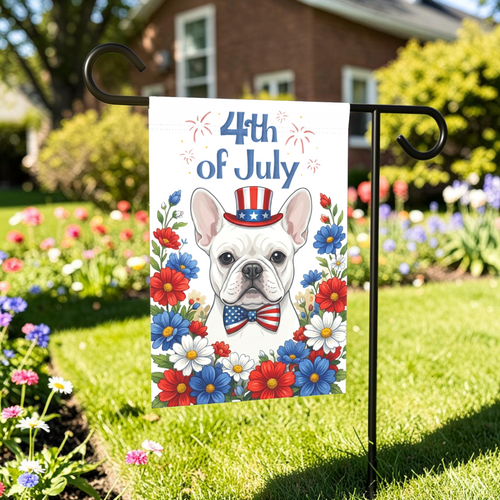 4th of July White French Bulldog Garden Flag - front view - Dragonfire Gardens
