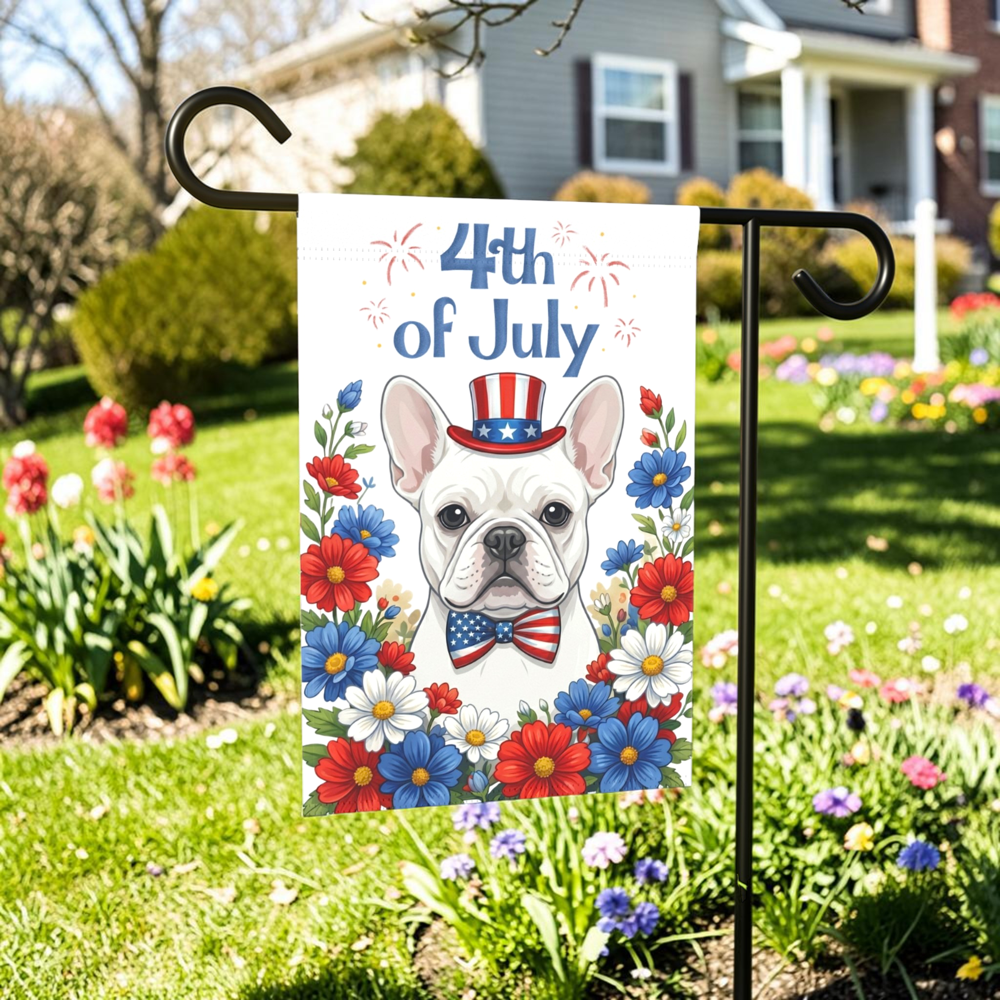 4th of July White French Bulldog Garden Flag