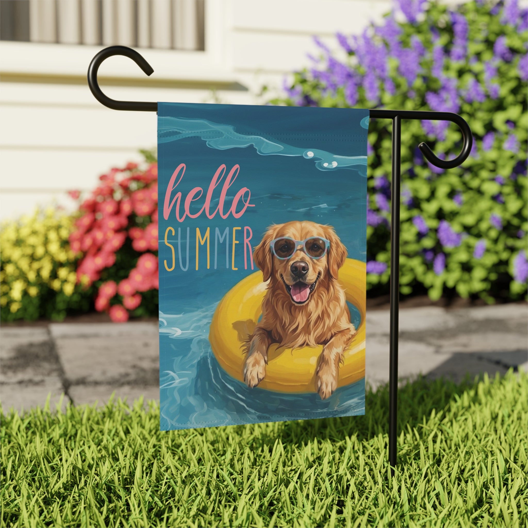 Hello Summer Golden Retriever Garden Flag