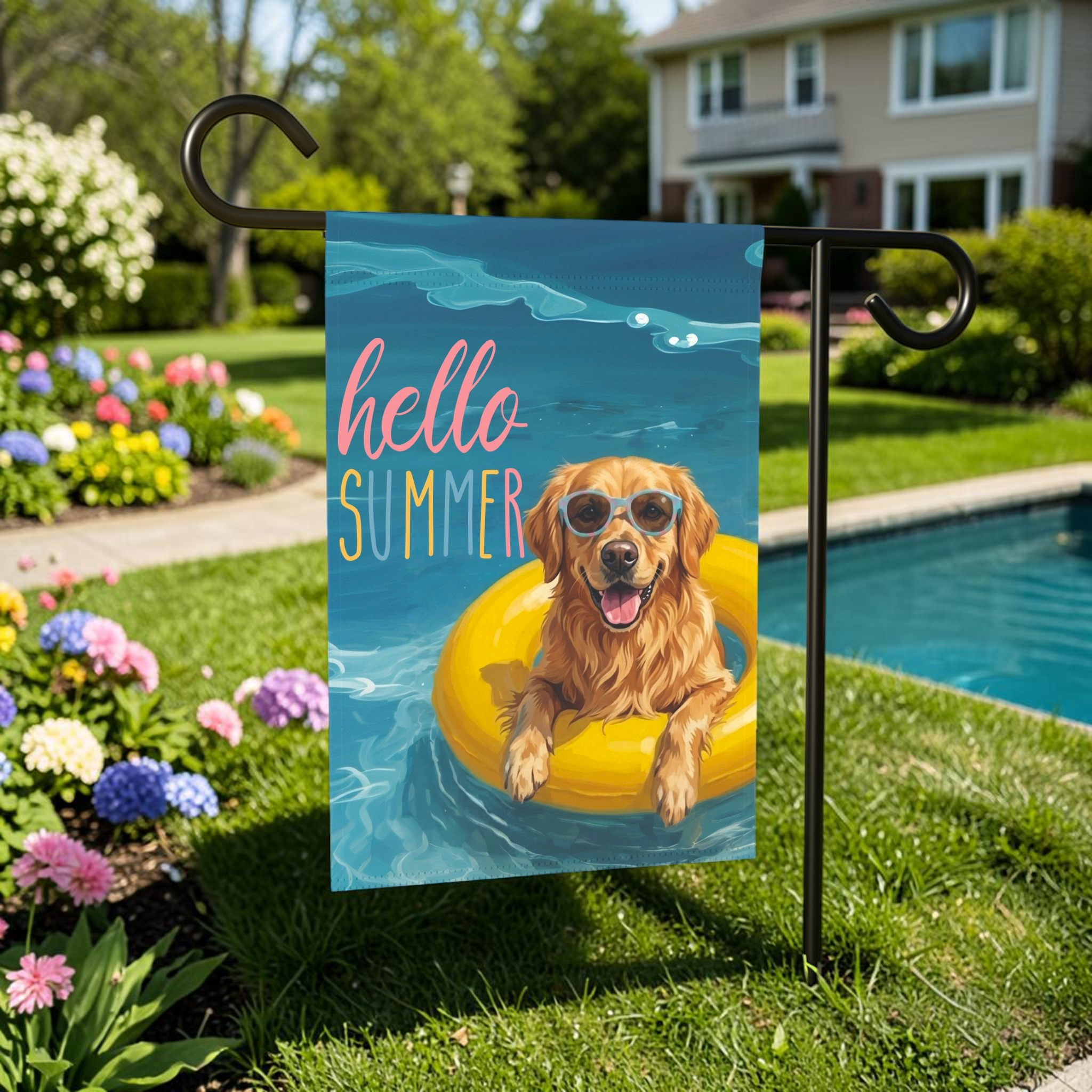 Hello Summer Golden Retriever Garden Flag