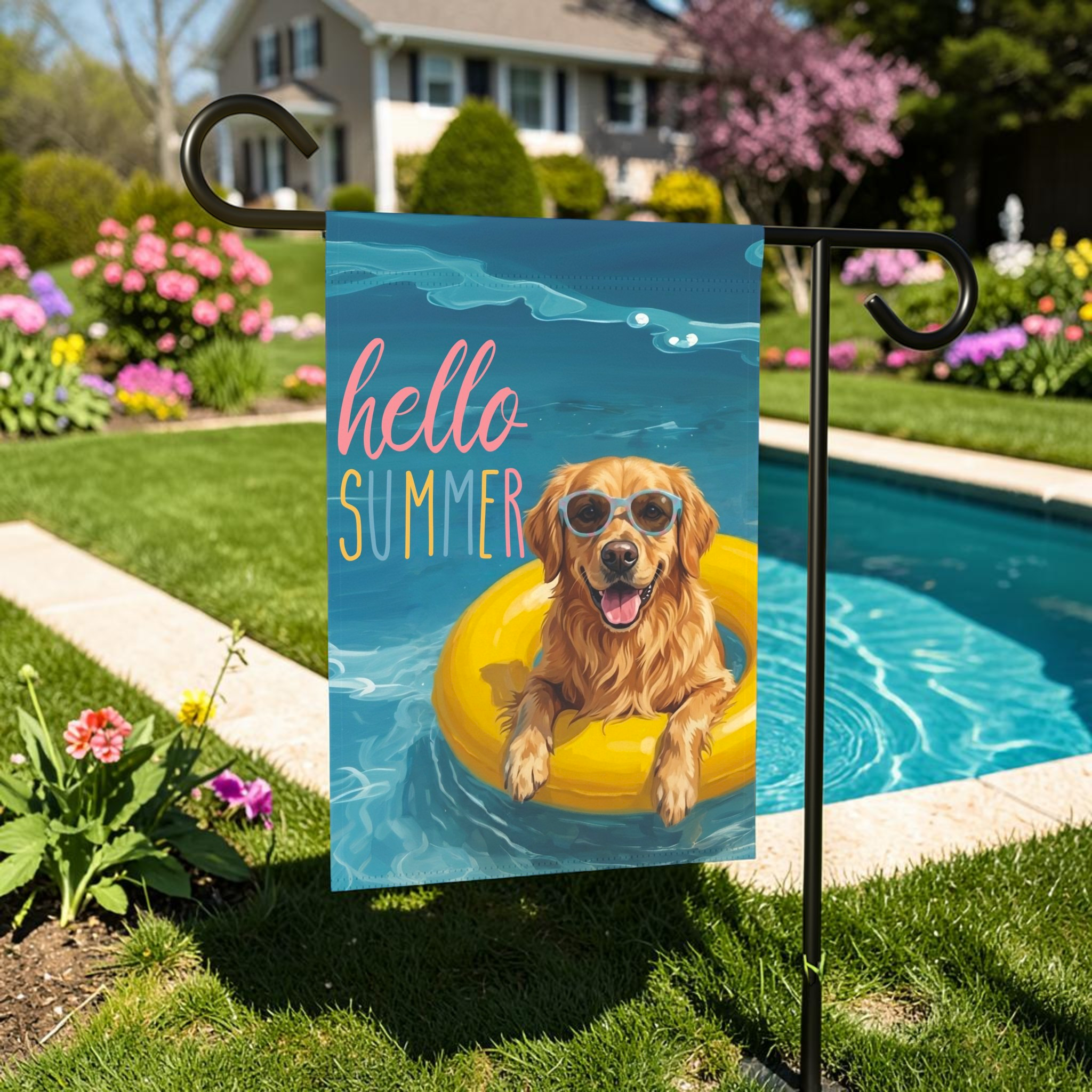Hello Summer Golden Retriever Garden Flag