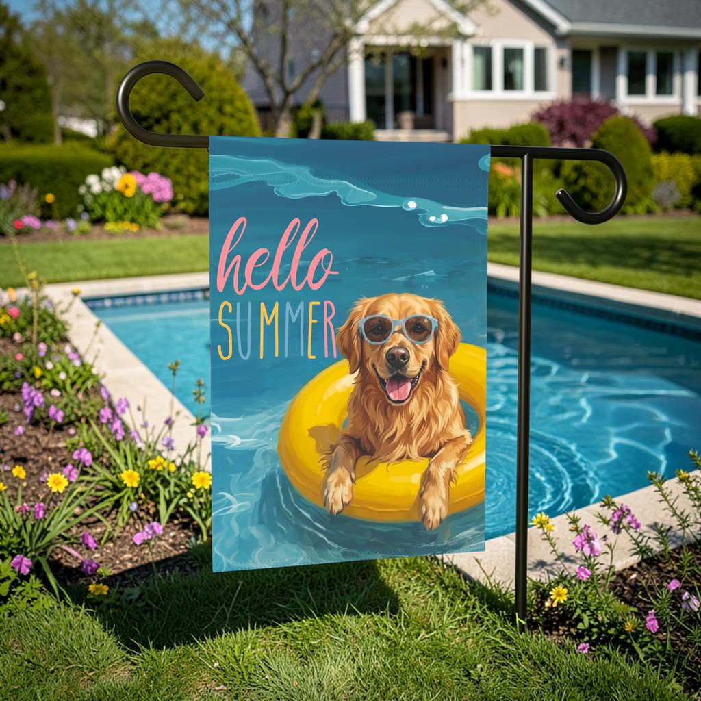 Hello Summer Golden Retriever Garden Flag