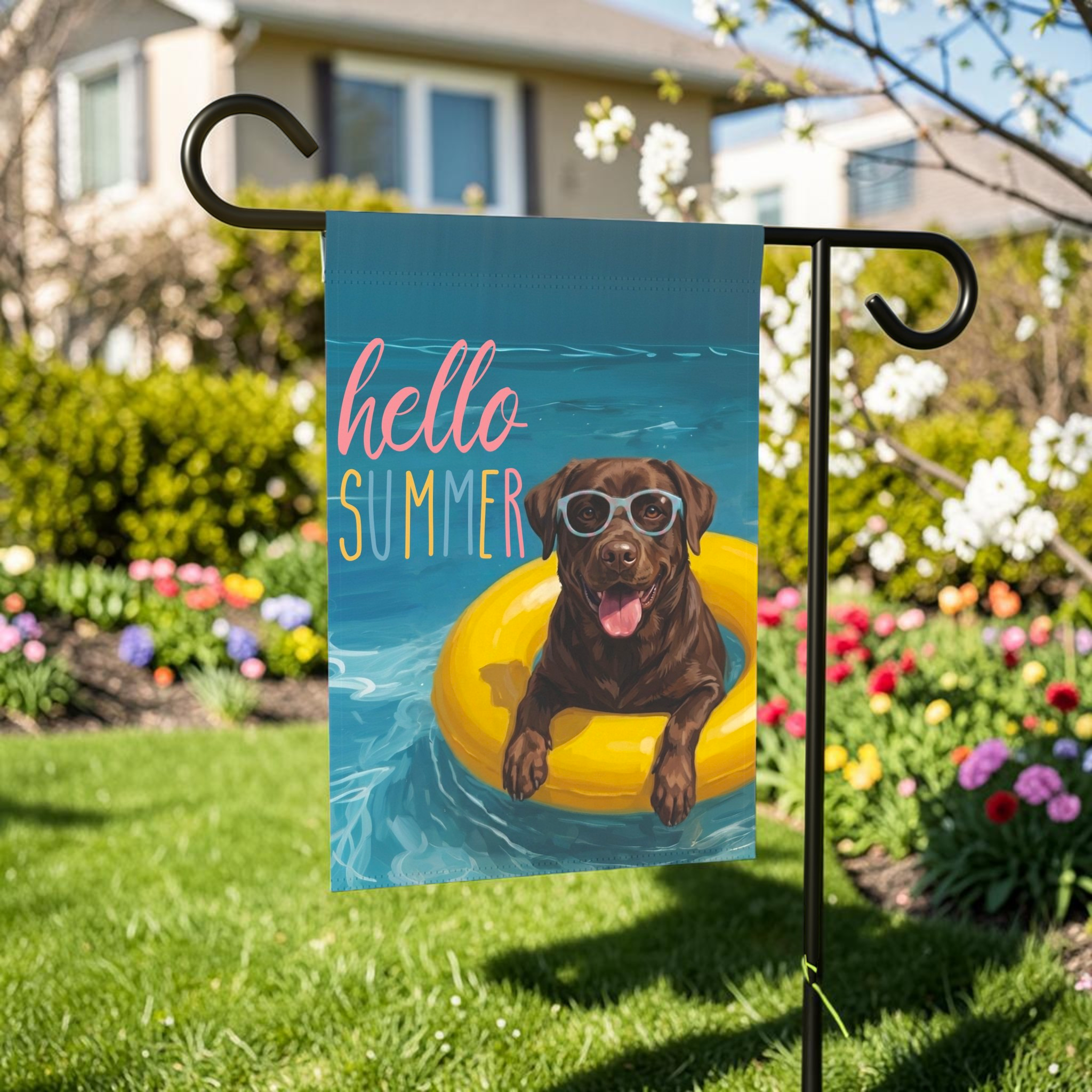 Hello Summer Chocolate Labrador Retriever Garden Flag