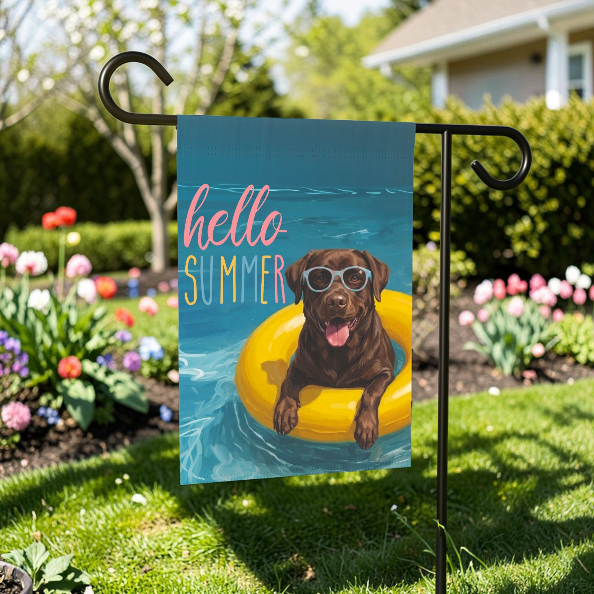 Hello Summer Chocolate Labrador Retriever Garden Flag