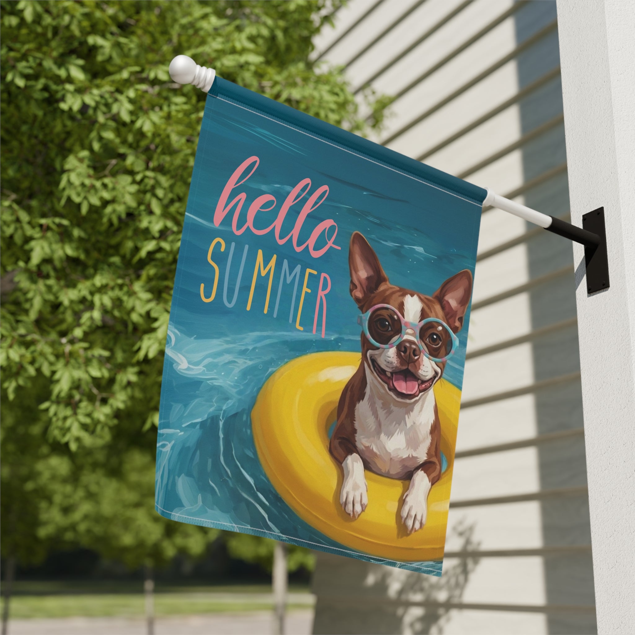 Hello Summer Liver and White Boston Terrier Garden Flag