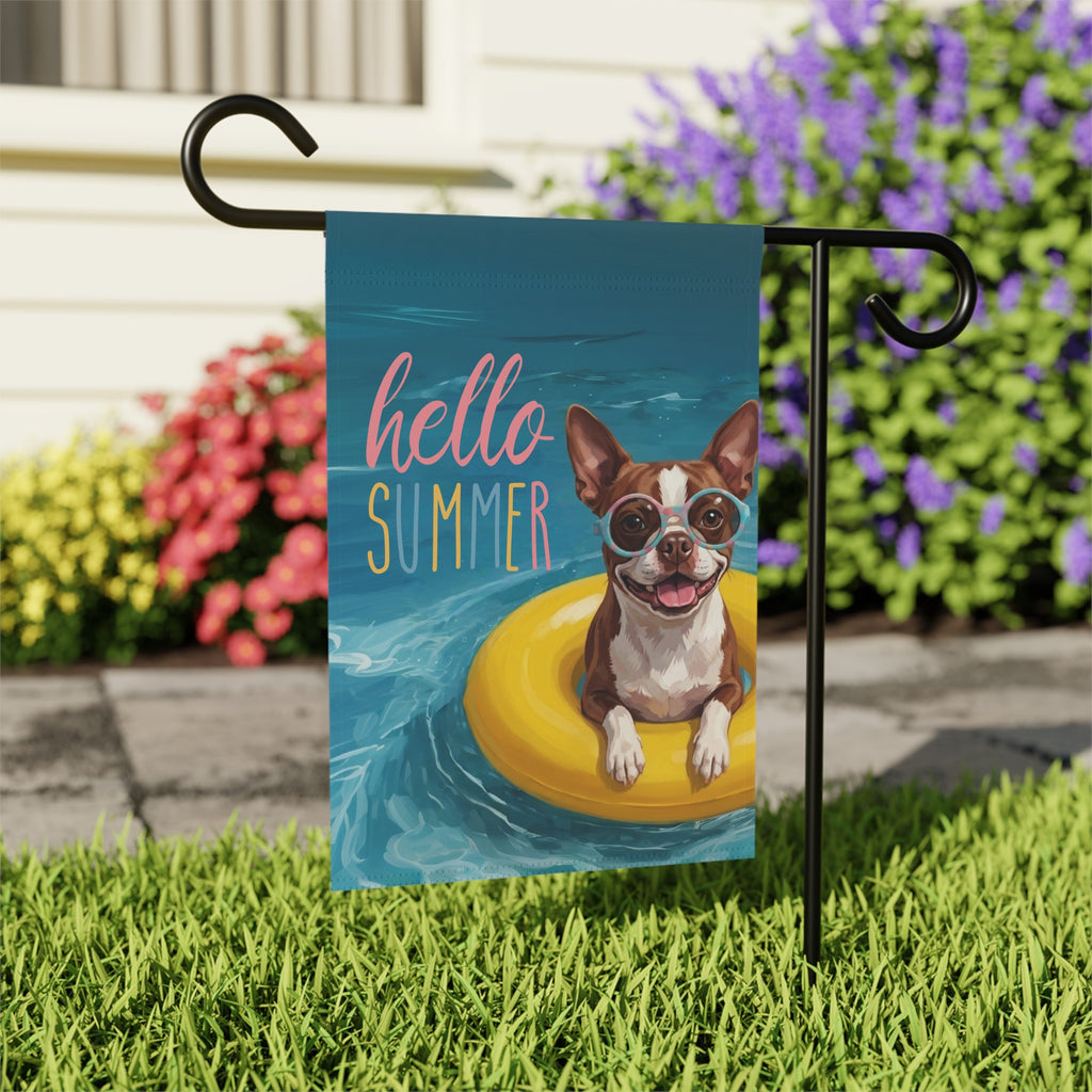 Hello Summer Liver and White Boston Terrier Garden Flag