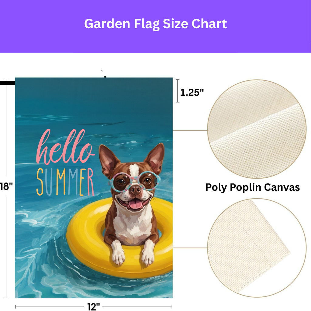Hello Summer Liver and White Boston Terrier Garden Flag