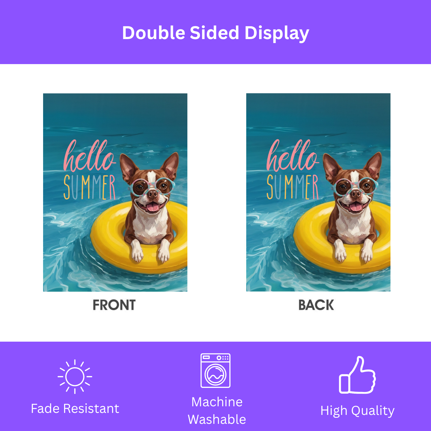 Hello Summer Liver and White Boston Terrier Garden Flag