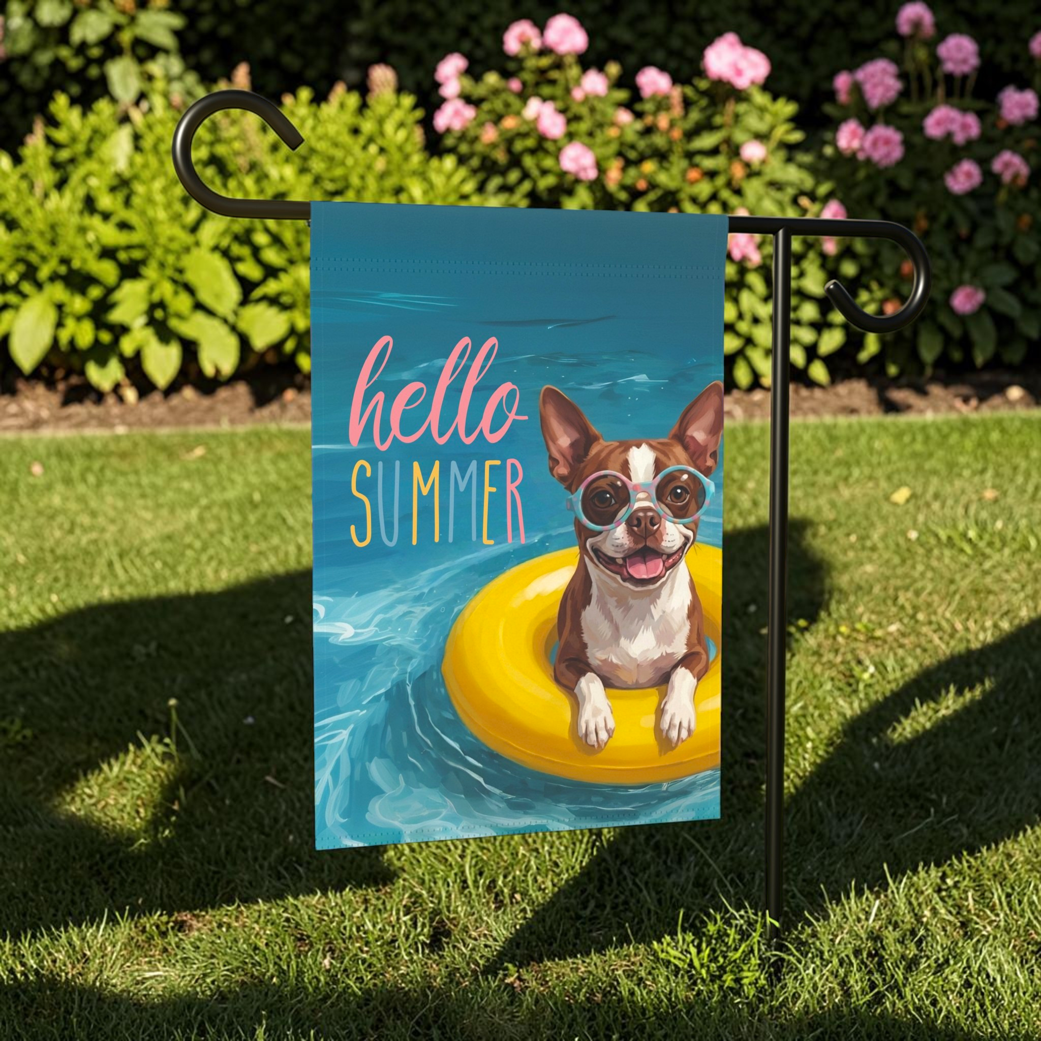 Hello Summer Liver and White Boston Terrier Garden Flag