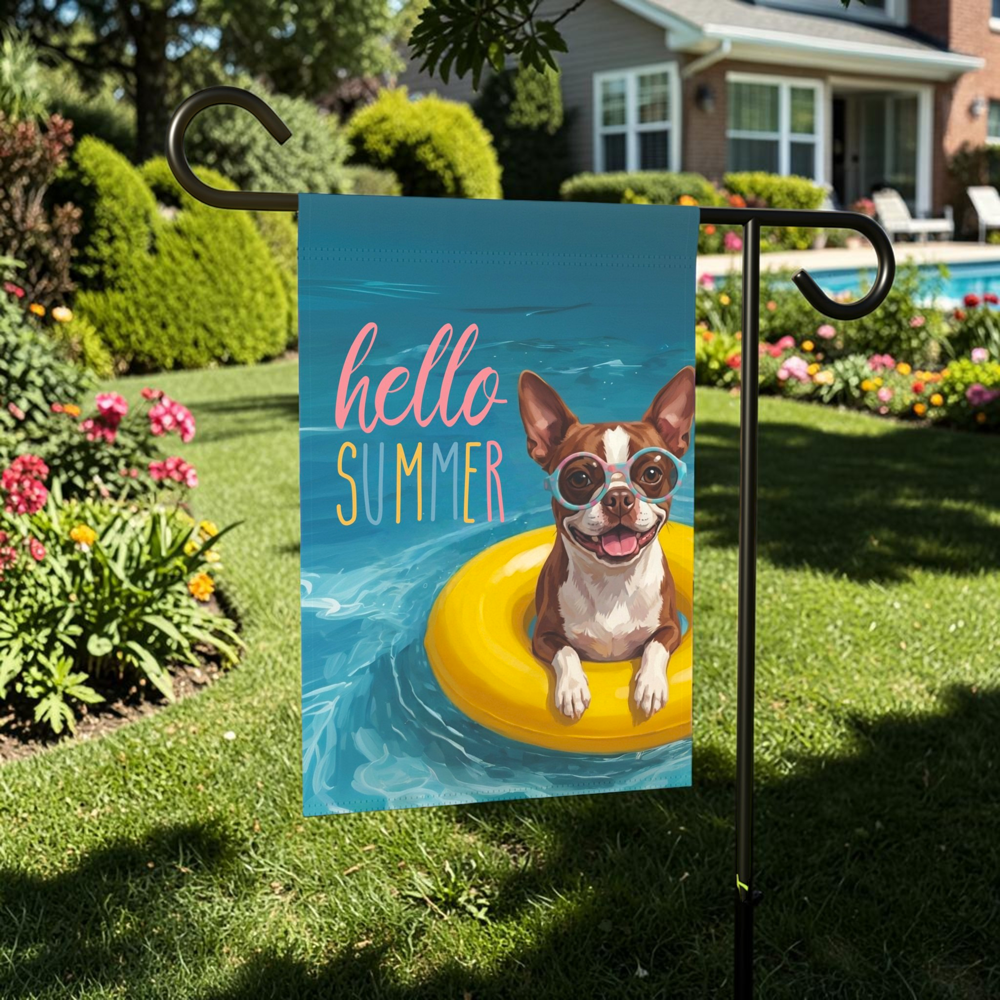 Hello Summer Liver and White Boston Terrier Garden Flag