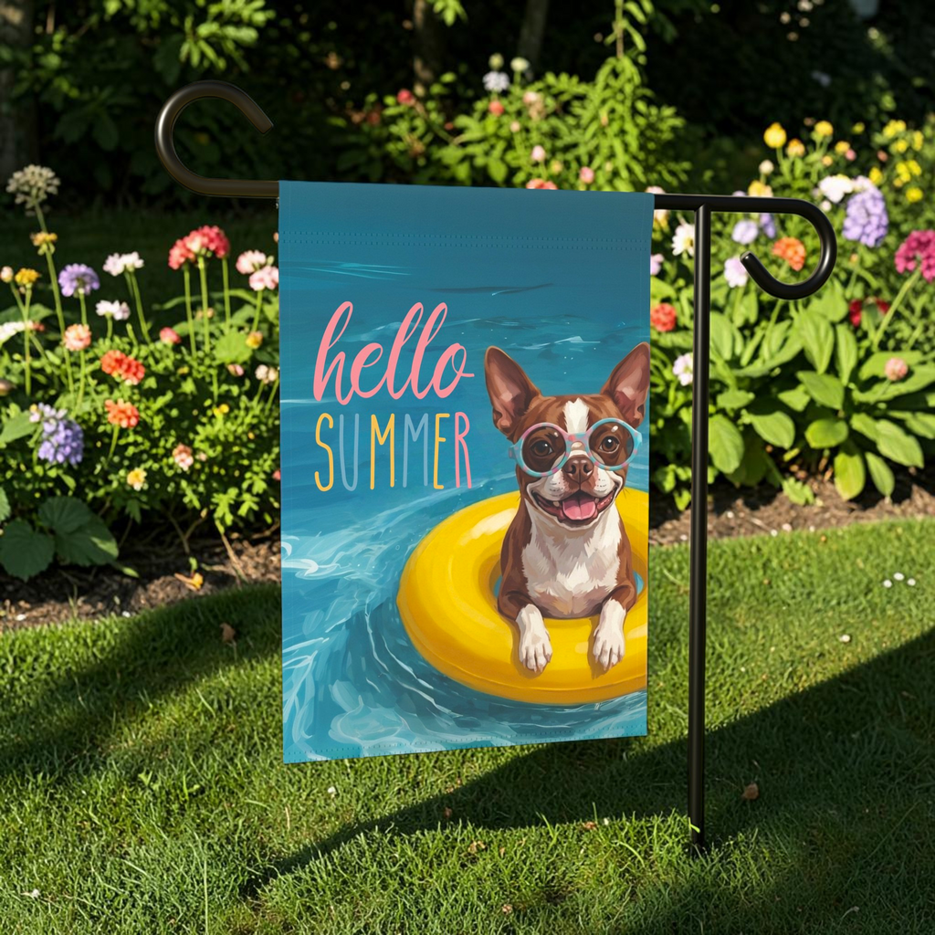 Hello Summer Liver and White Boston Terrier Garden Flag