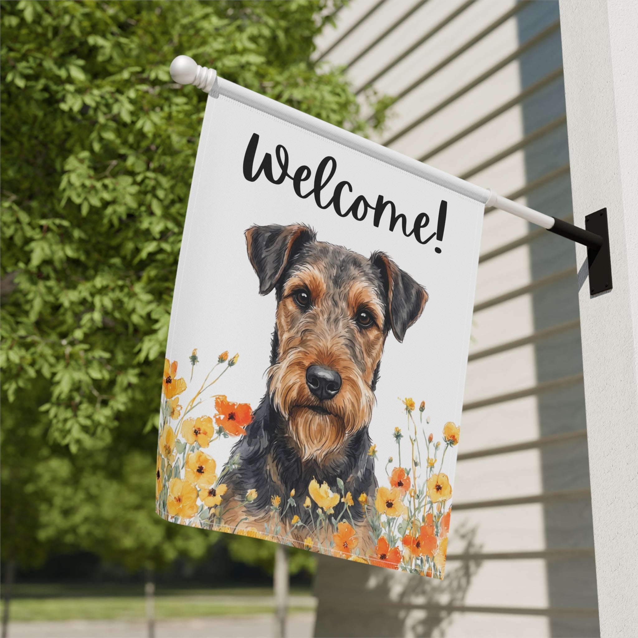 Yellow Poppies Airedale Terrier Welcome Garden Flag