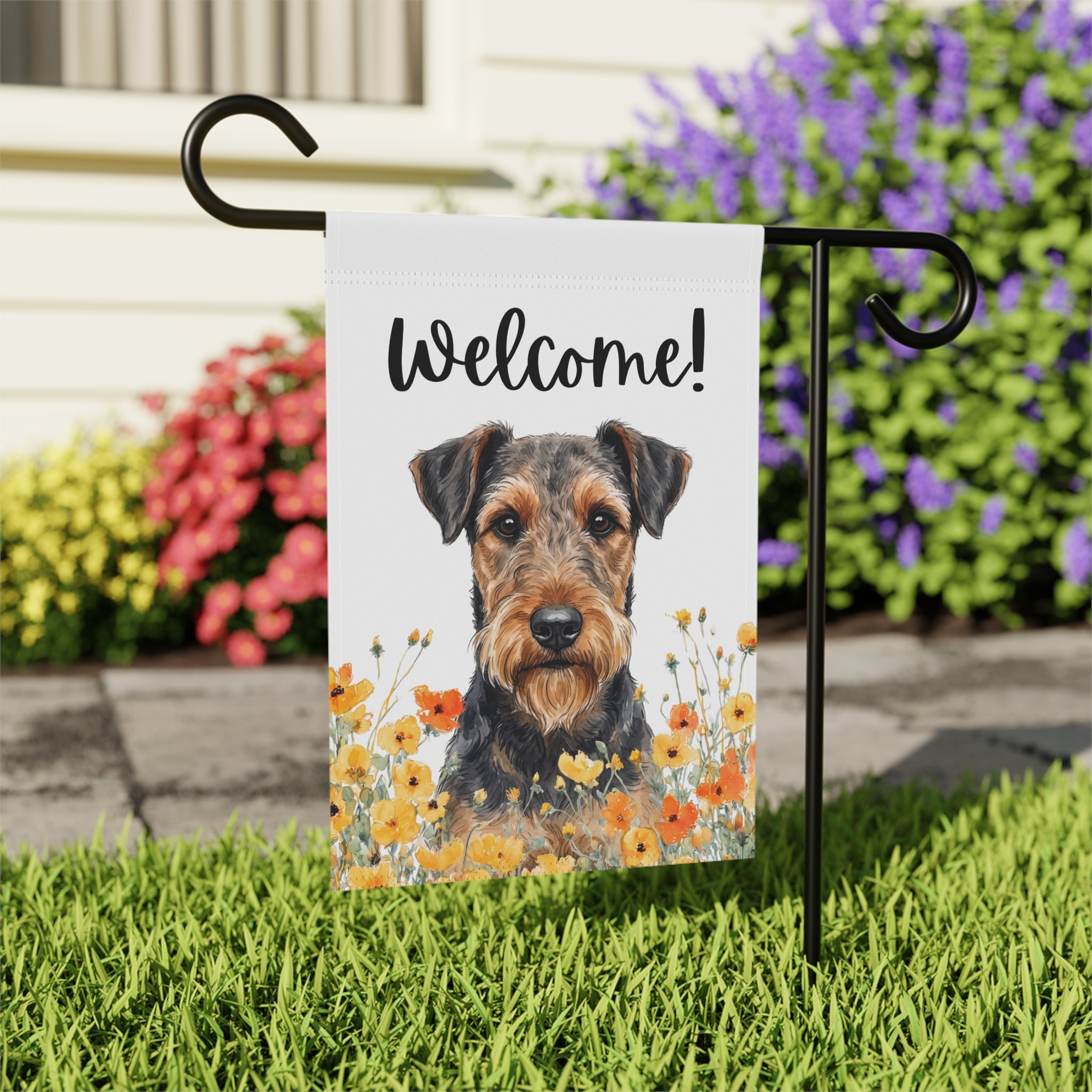 Yellow Poppies Airedale Terrier Welcome Garden Flag