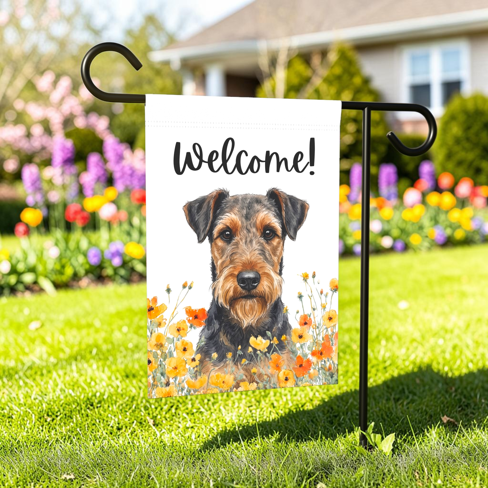 Yellow Poppies Airedale Terrier Welcome Garden Flag