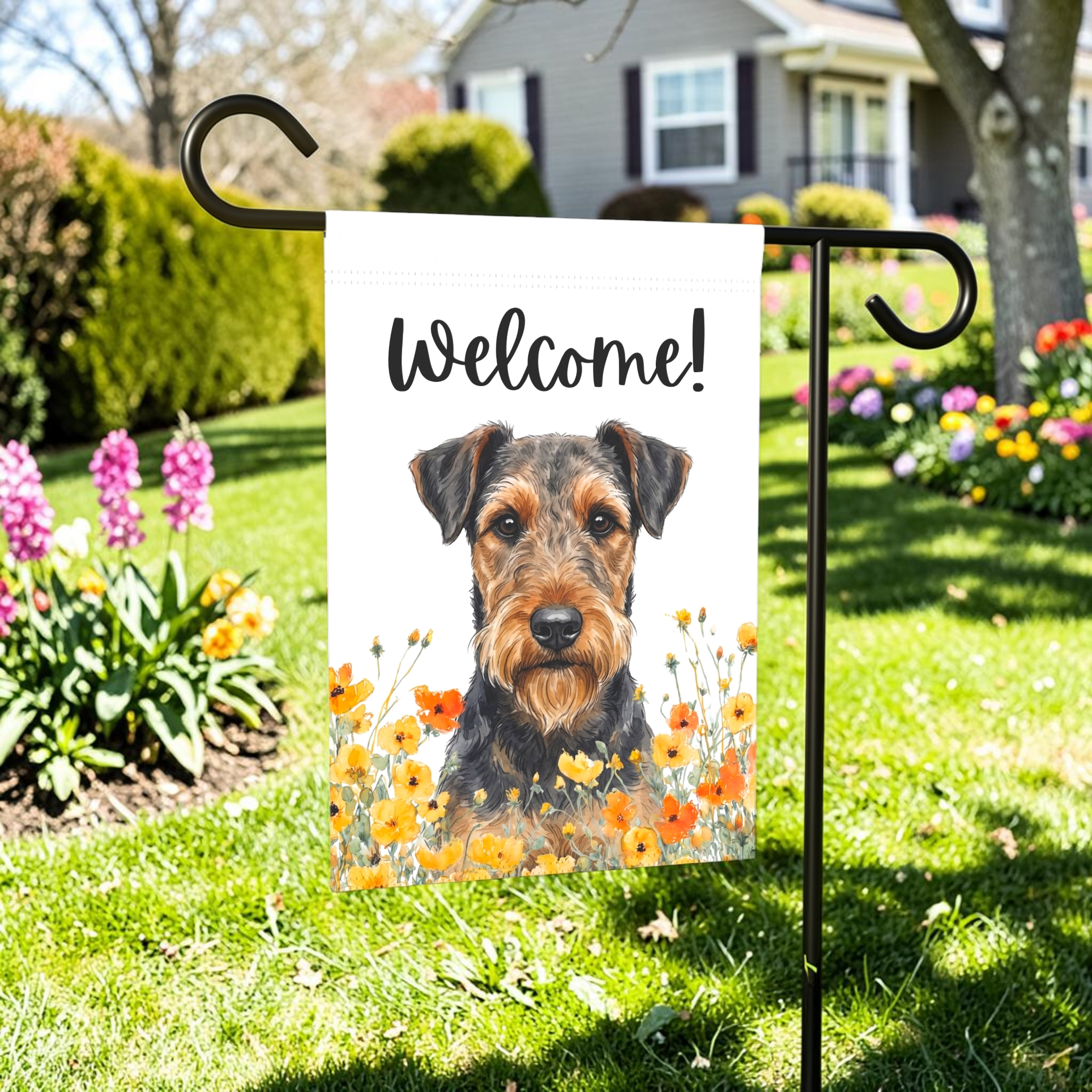 Yellow Poppies Airedale Terrier Welcome Garden Flag