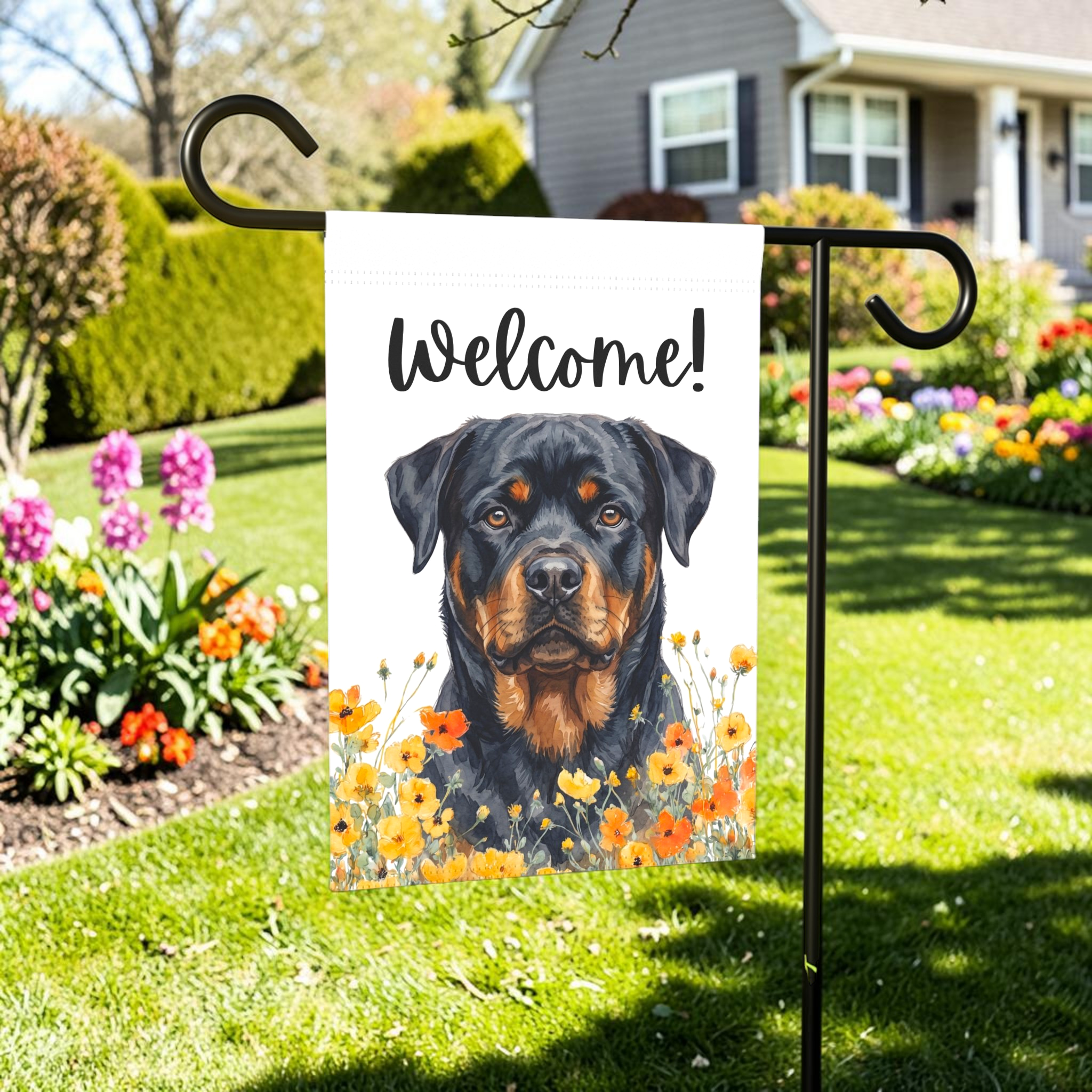 Yellow Poppies Rottweiler Welcome Garden Flag