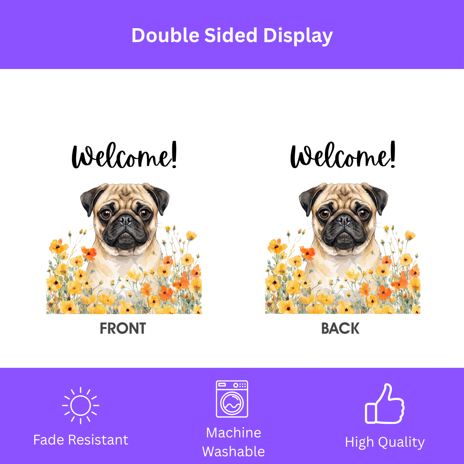 Yellow Poppies Pug Welcome Garden Flag