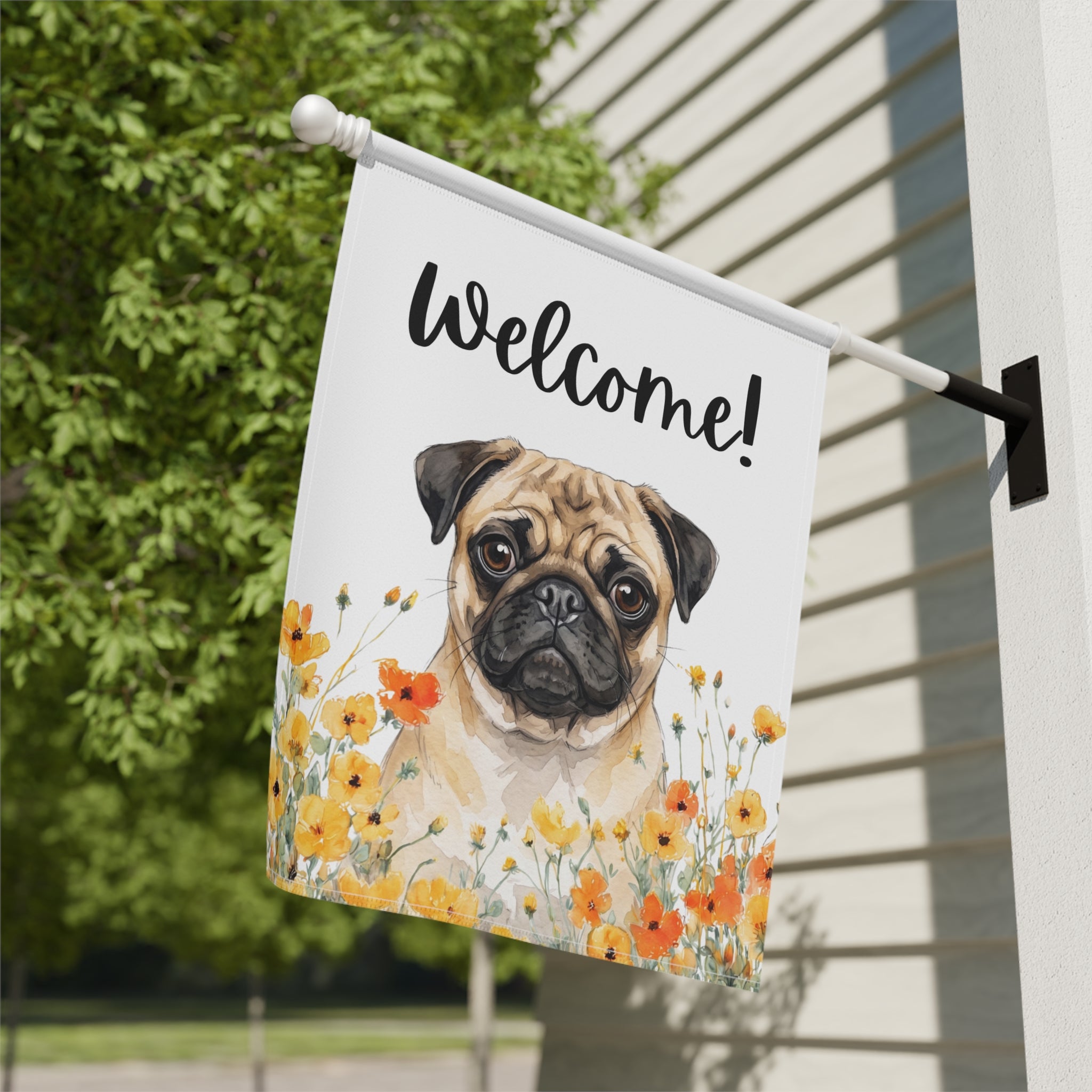 Yellow Poppies Pug Welcome Garden Flag