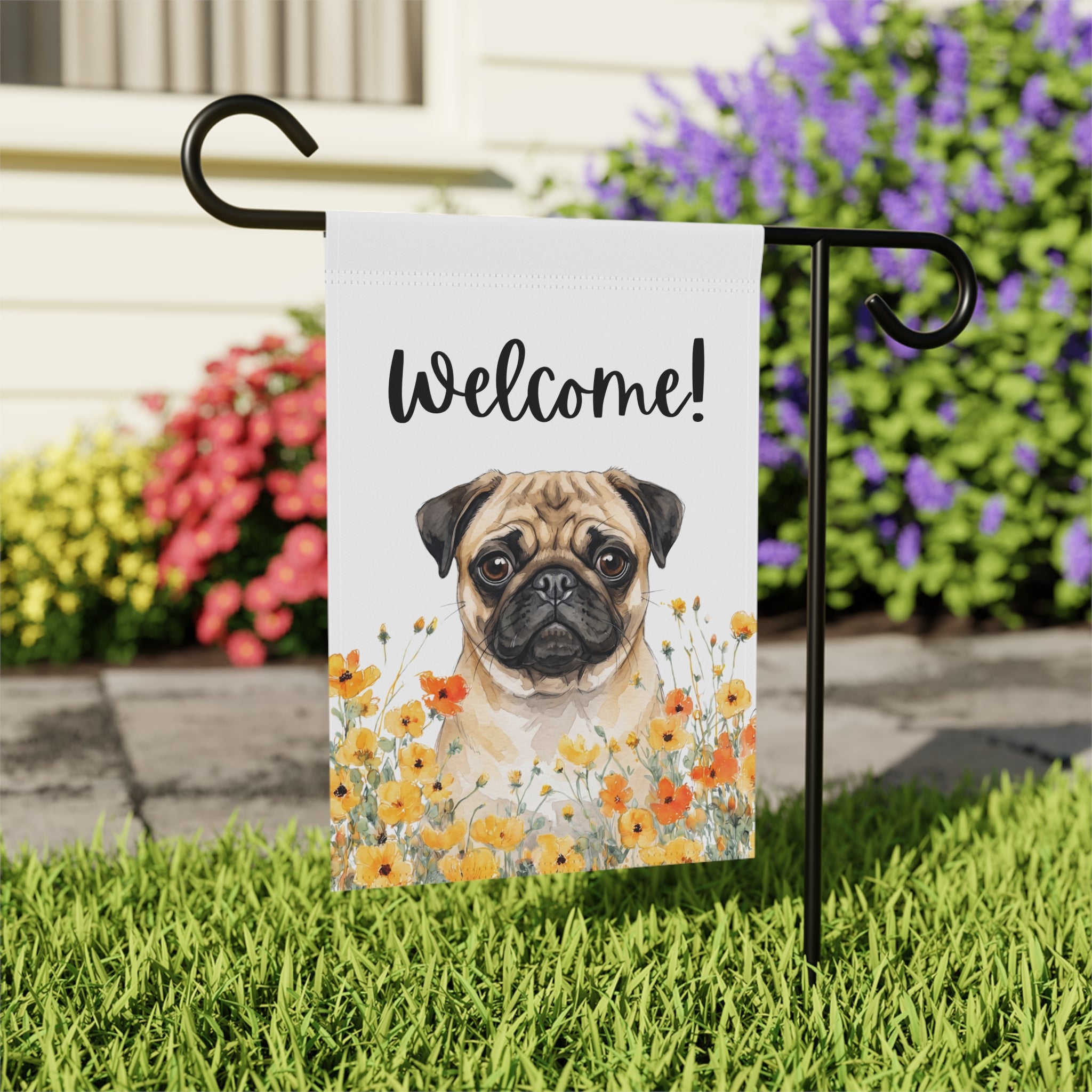 Yellow Poppies Pug Welcome Garden Flag