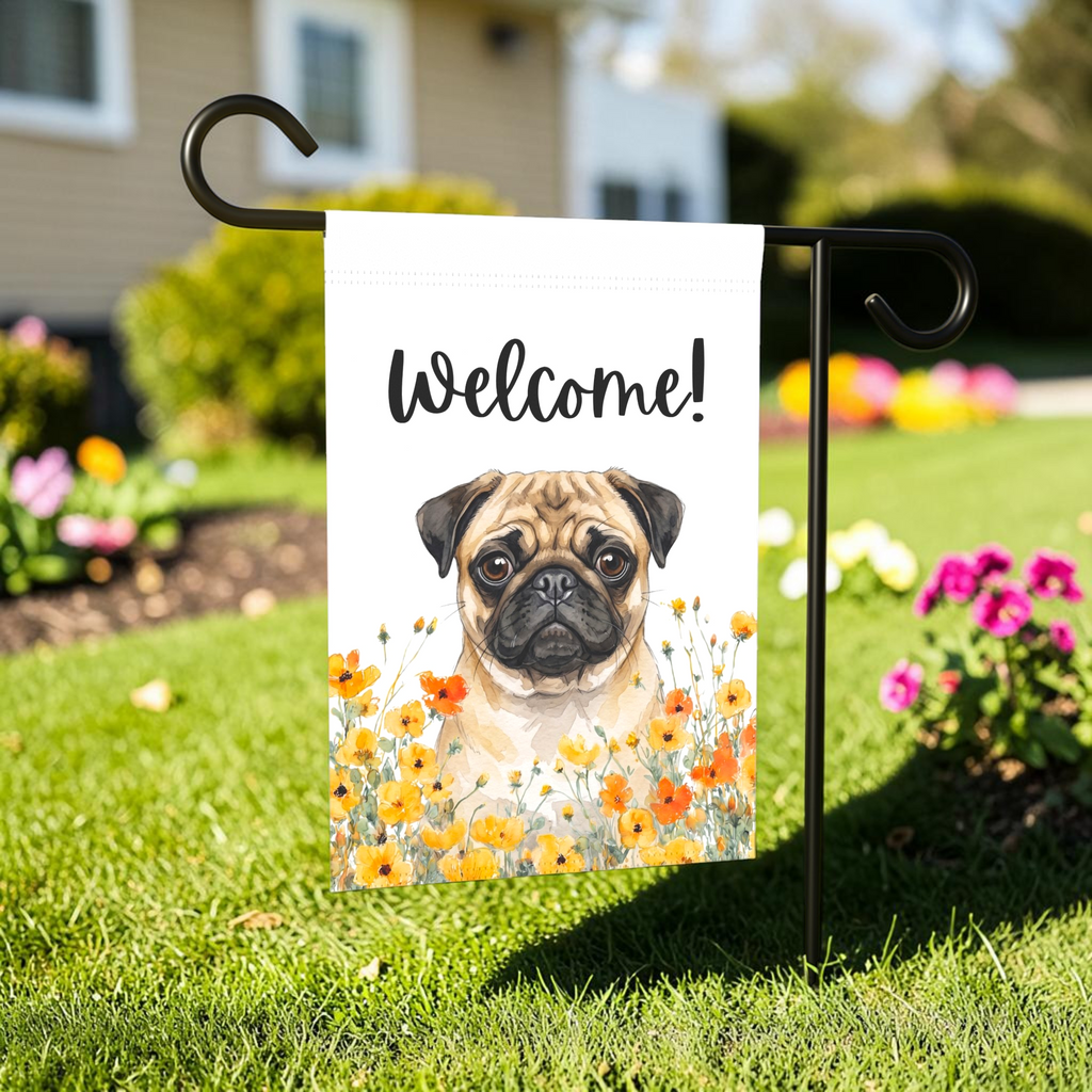 Yellow Poppies Pug Welcome Garden Flag