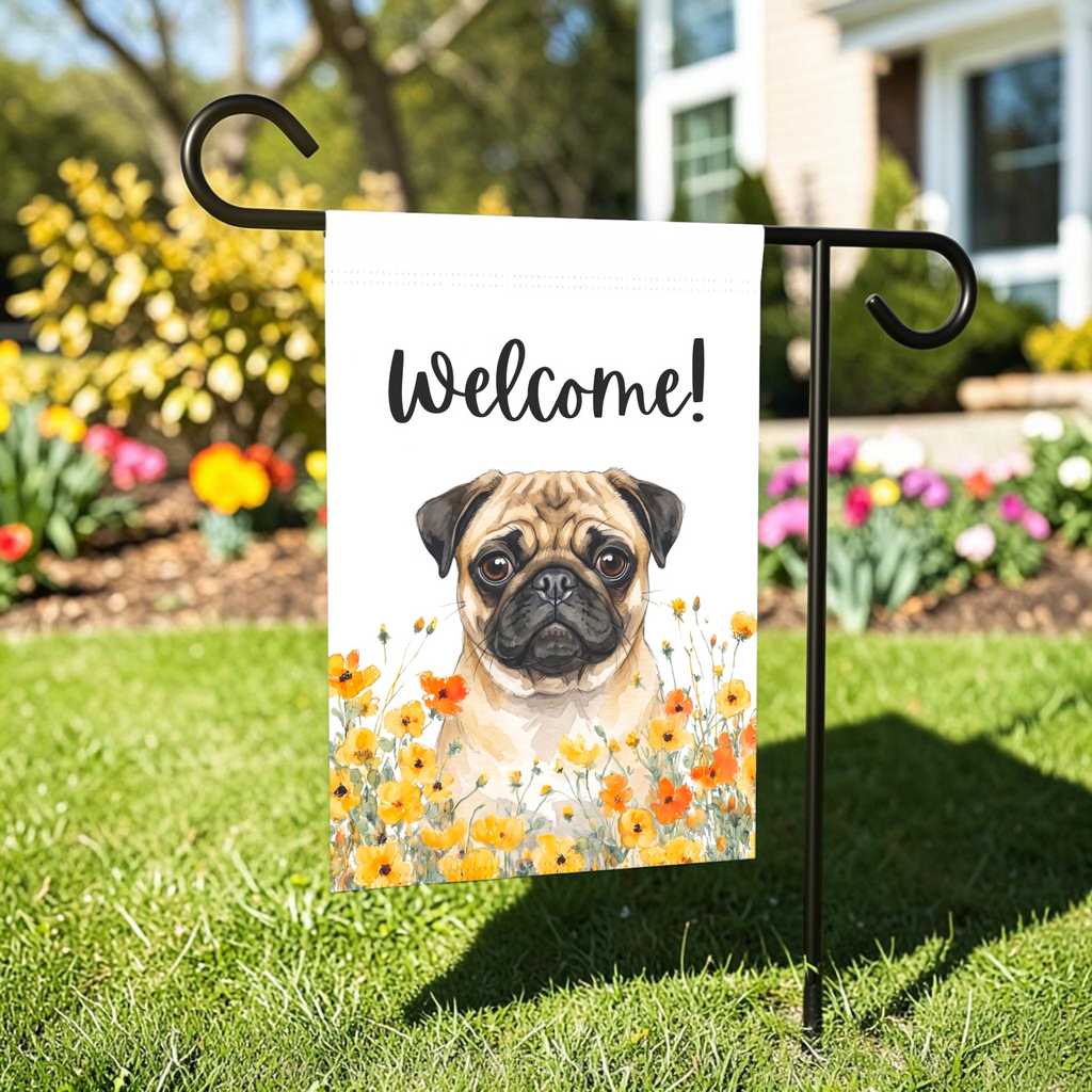 Yellow Poppies Pug Welcome Garden Flag