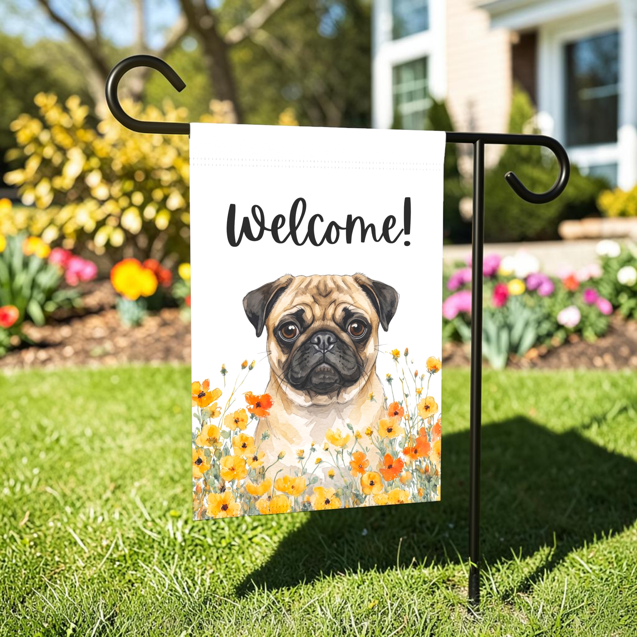 Yellow Poppies Pug Welcome Garden Flag