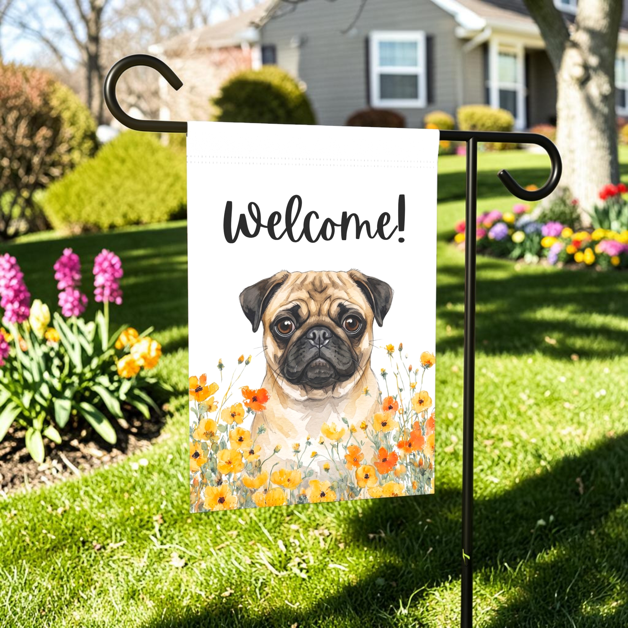 Yellow Poppies Pug Welcome Garden Flag