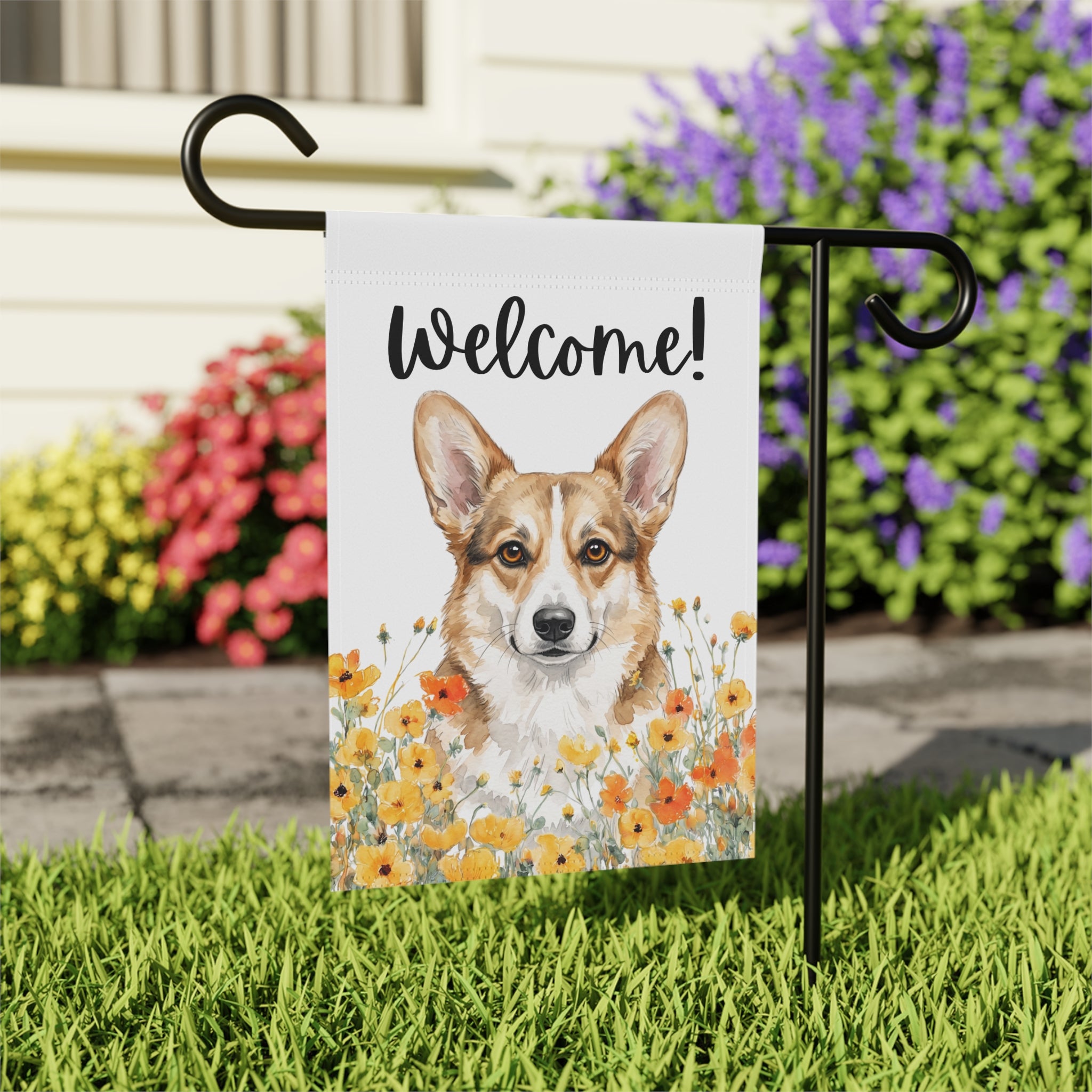 Yellow Poppies Corgi Welcome Garden Flag