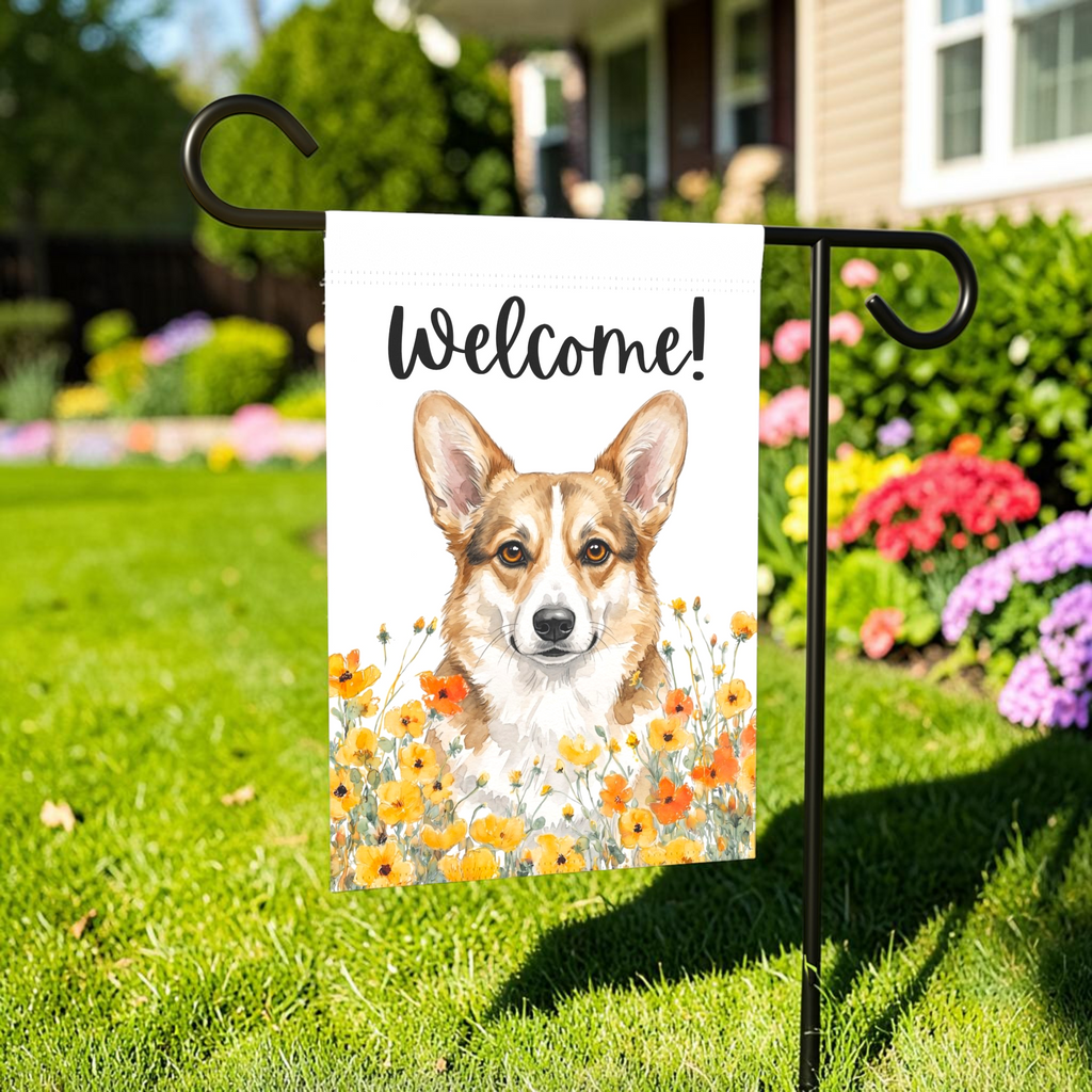 Yellow Poppies Corgi Welcome Garden Flag