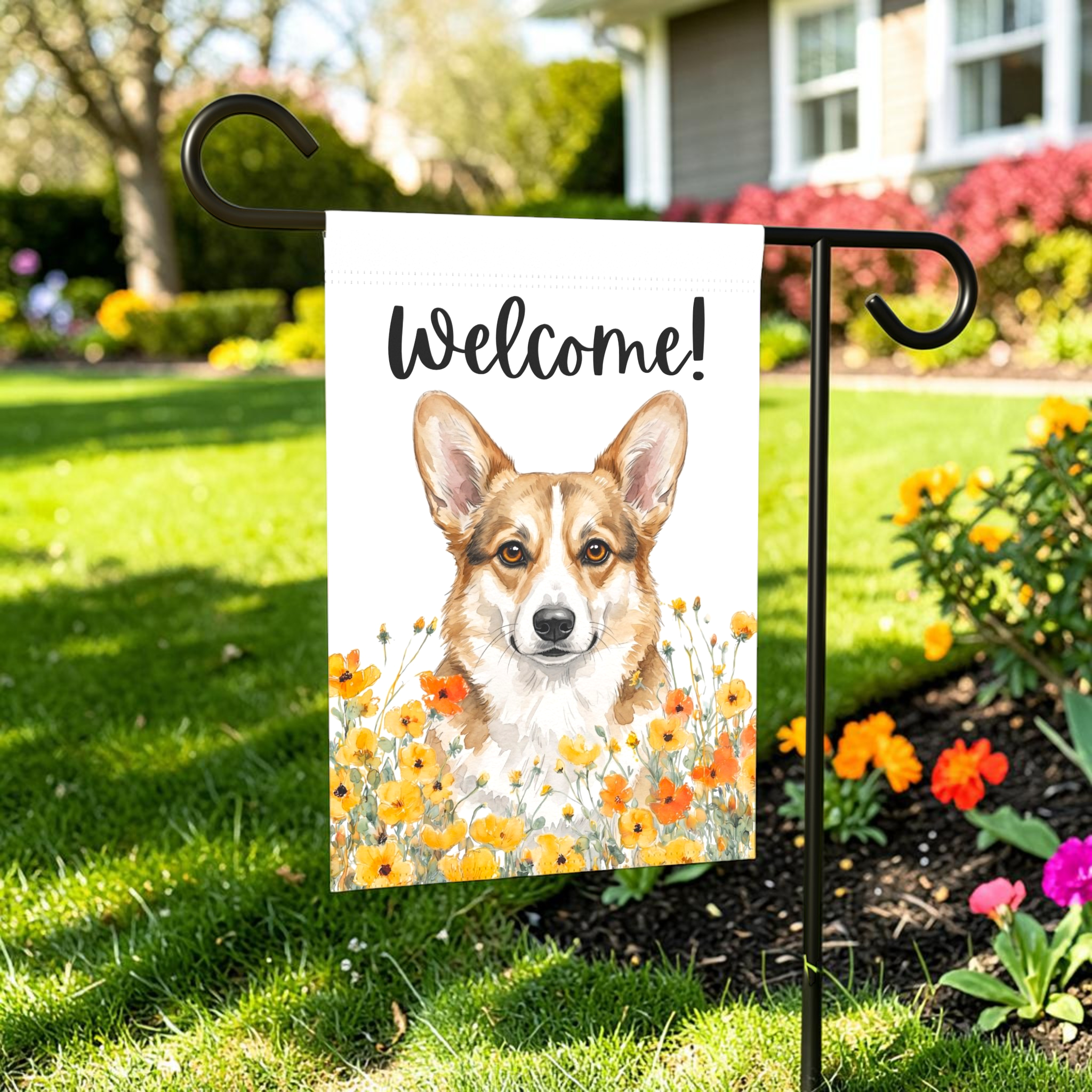 Yellow Poppies Corgi Welcome Garden Flag