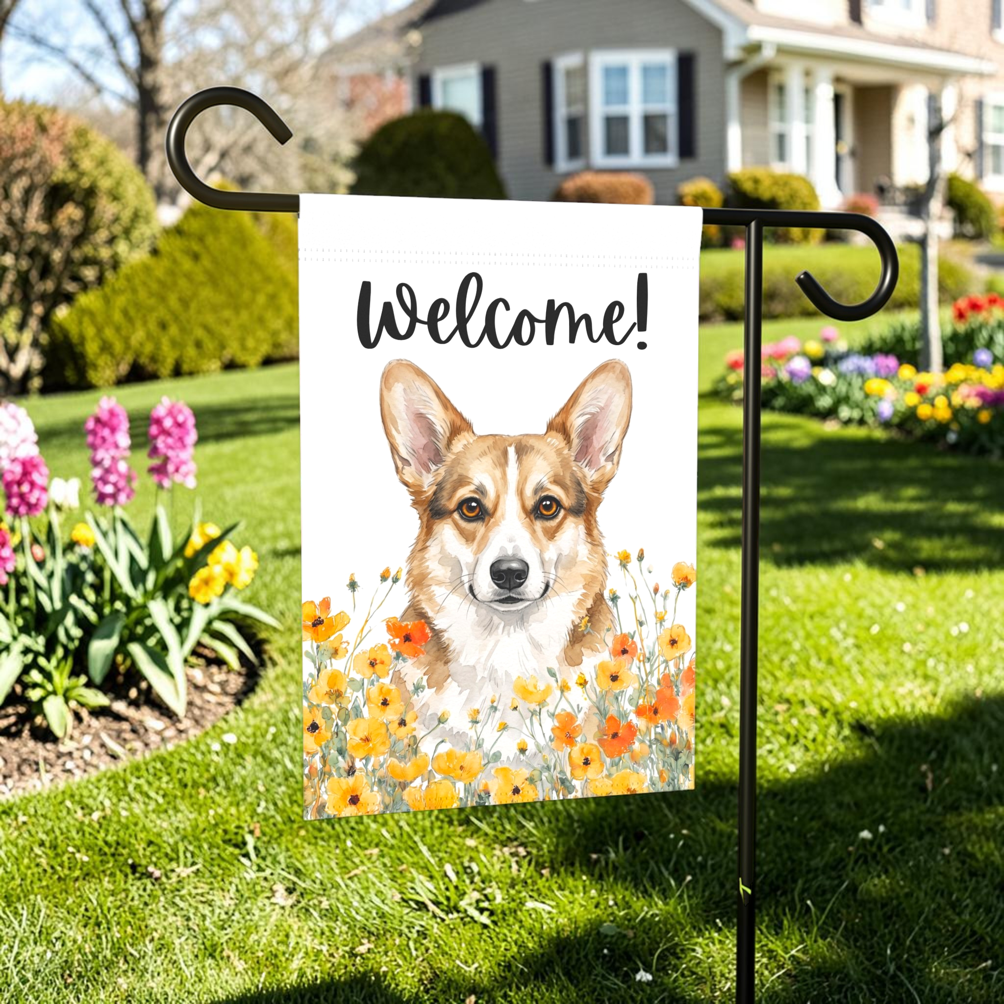 Yellow Poppies Corgi Welcome Garden Flag