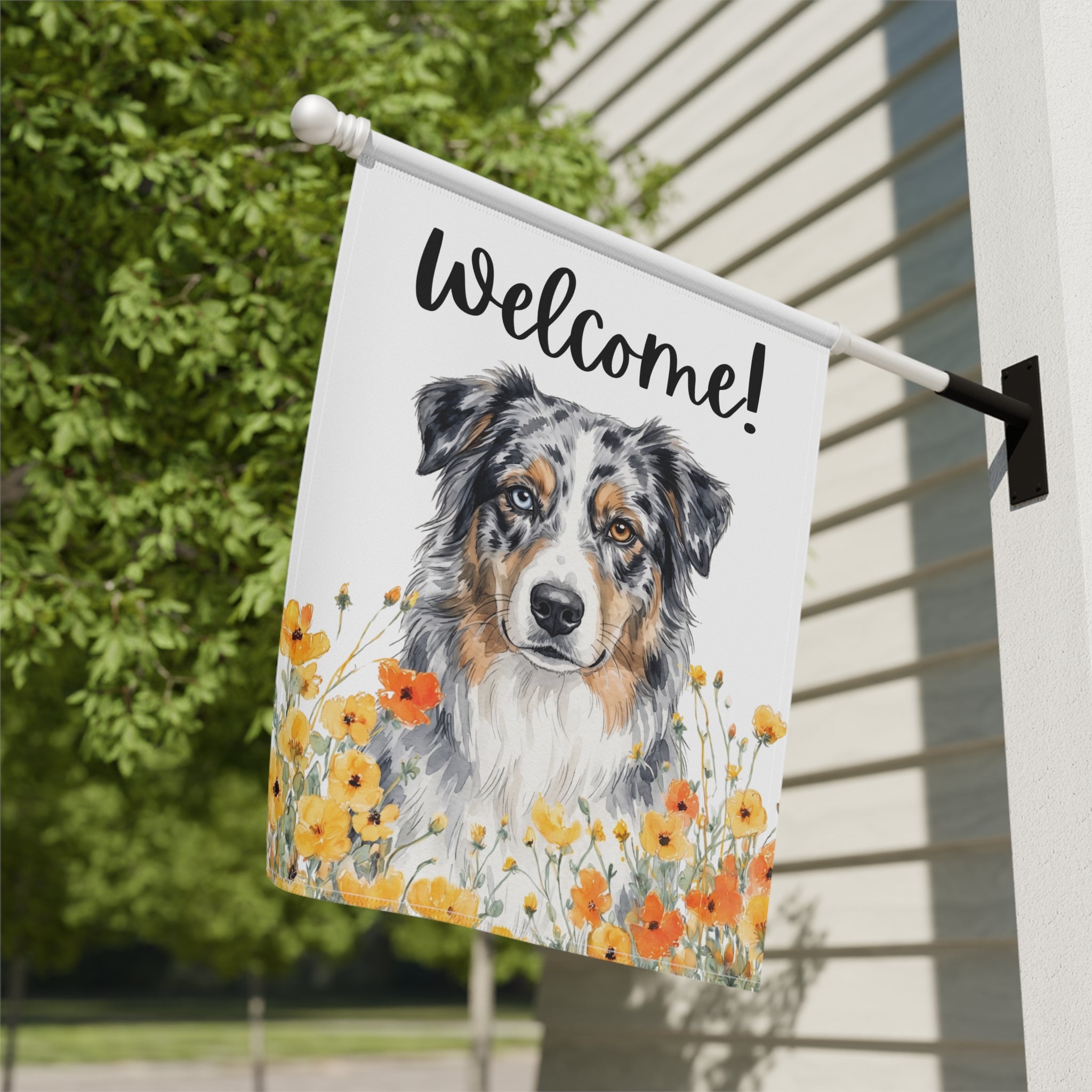 Yellow Poppies Australian Shepherd Welcome Garden Flag