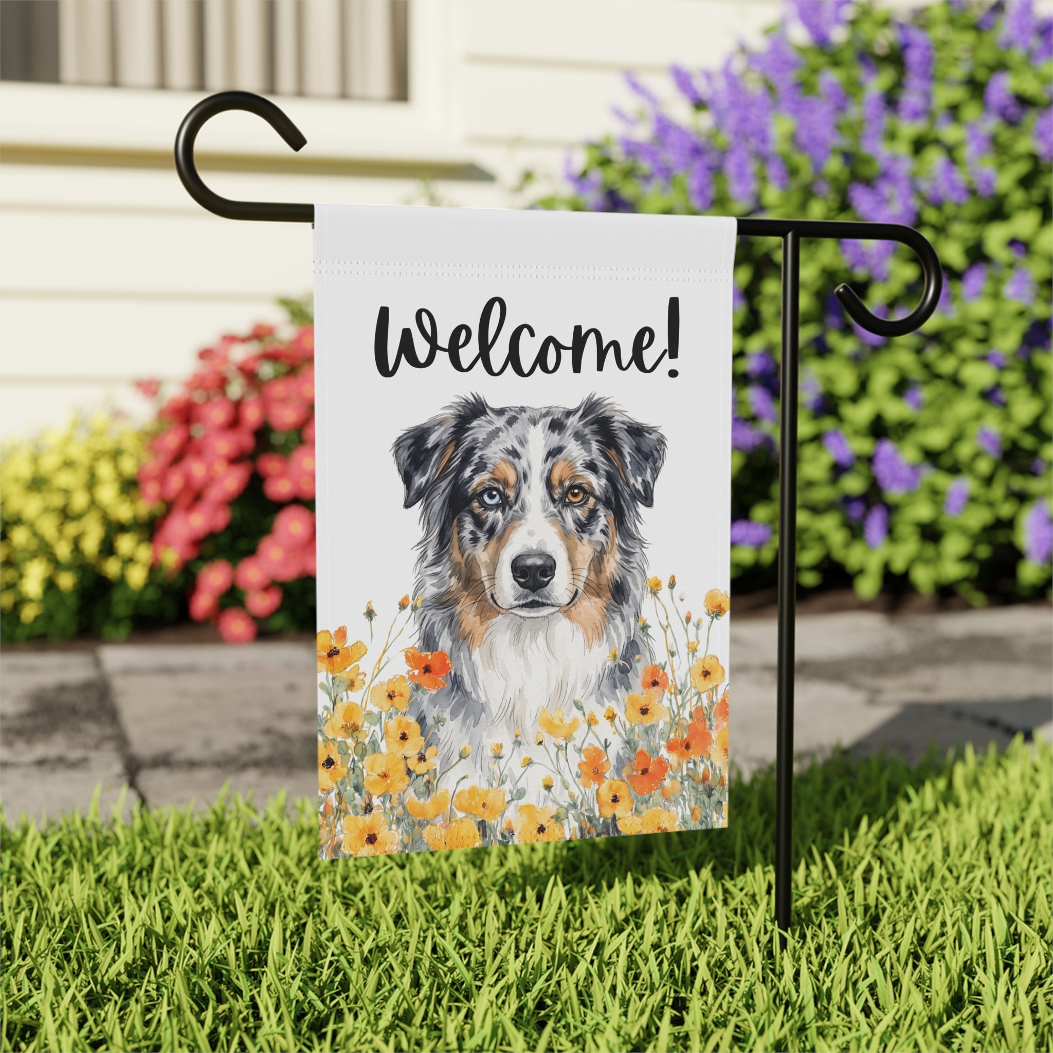 Yellow Poppies Australian Shepherd Welcome Garden Flag