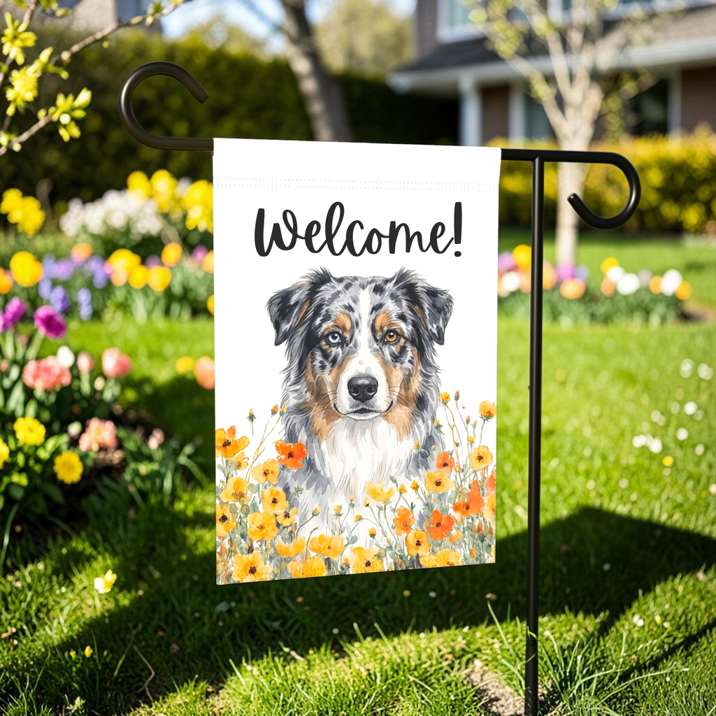 Yellow Poppies Australian Shepherd Welcome Garden Flag