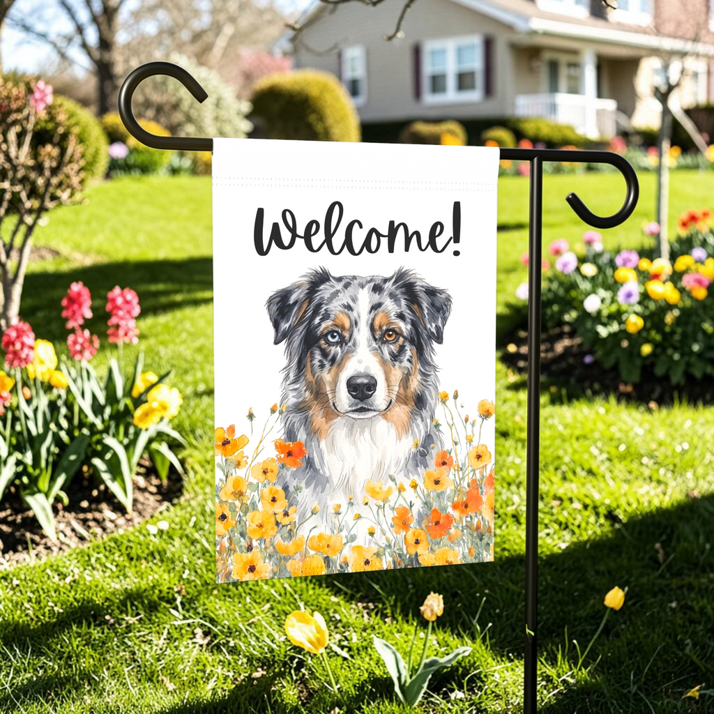 Yellow Poppies Australian Shepherd Welcome Garden Flag