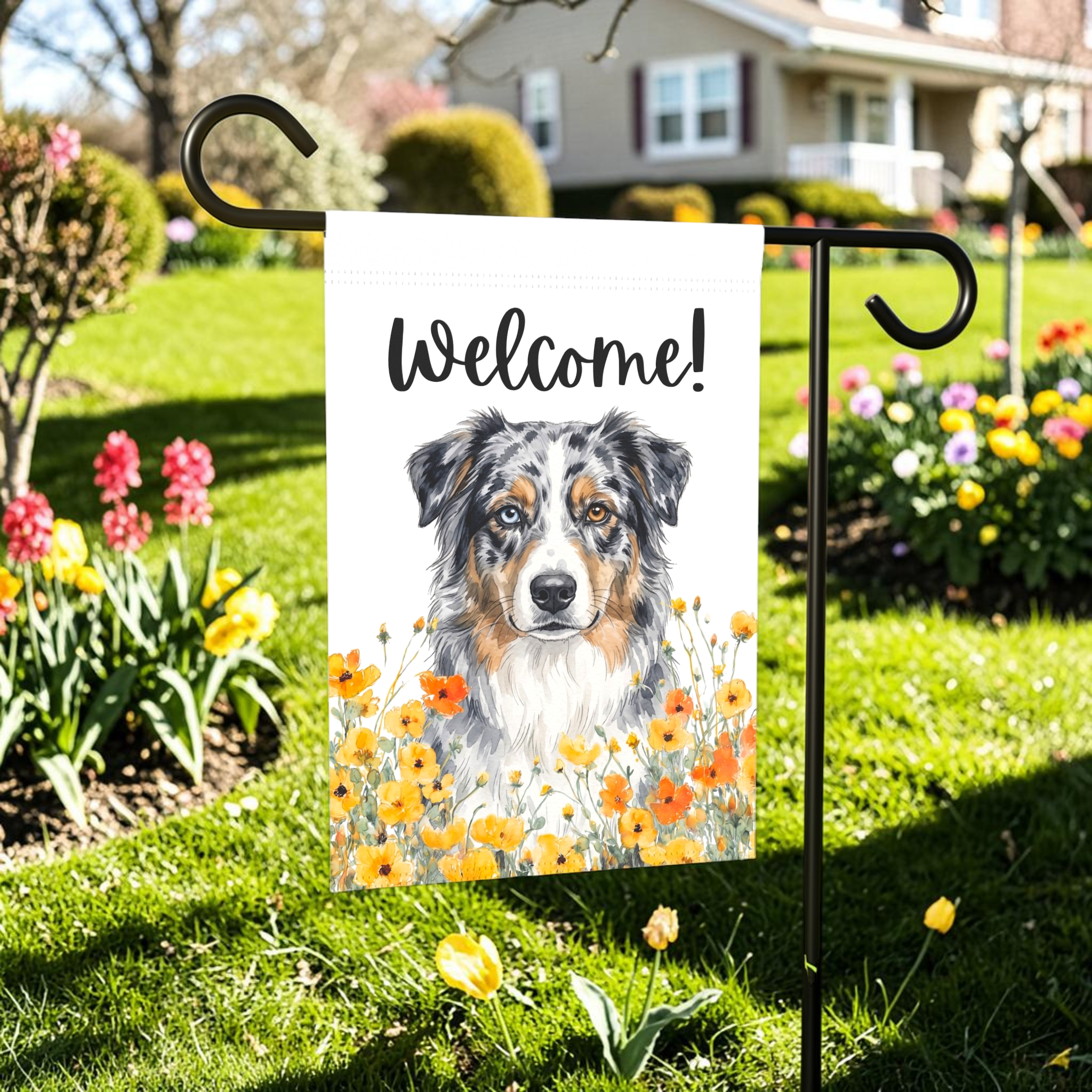 Yellow Poppies Australian Shepherd Welcome Garden Flag