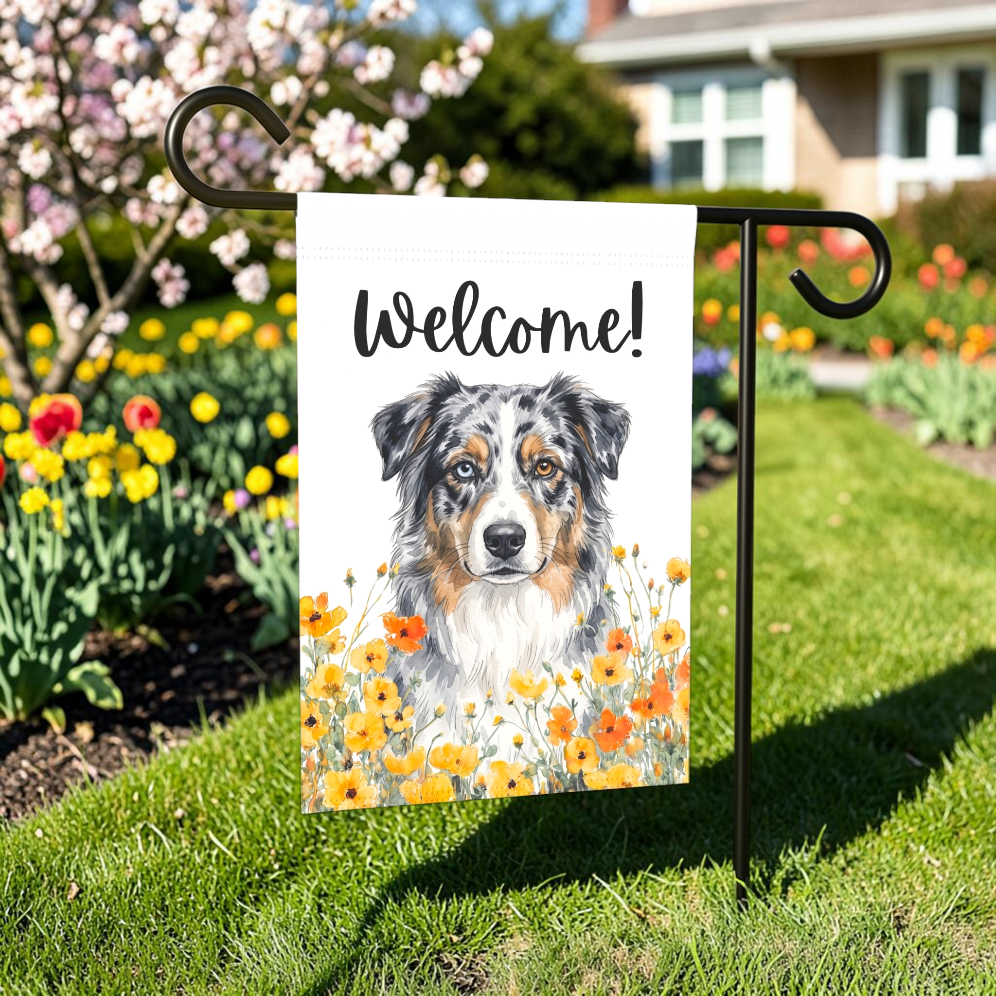 Yellow Poppies Australian Shepherd Welcome Garden Flag