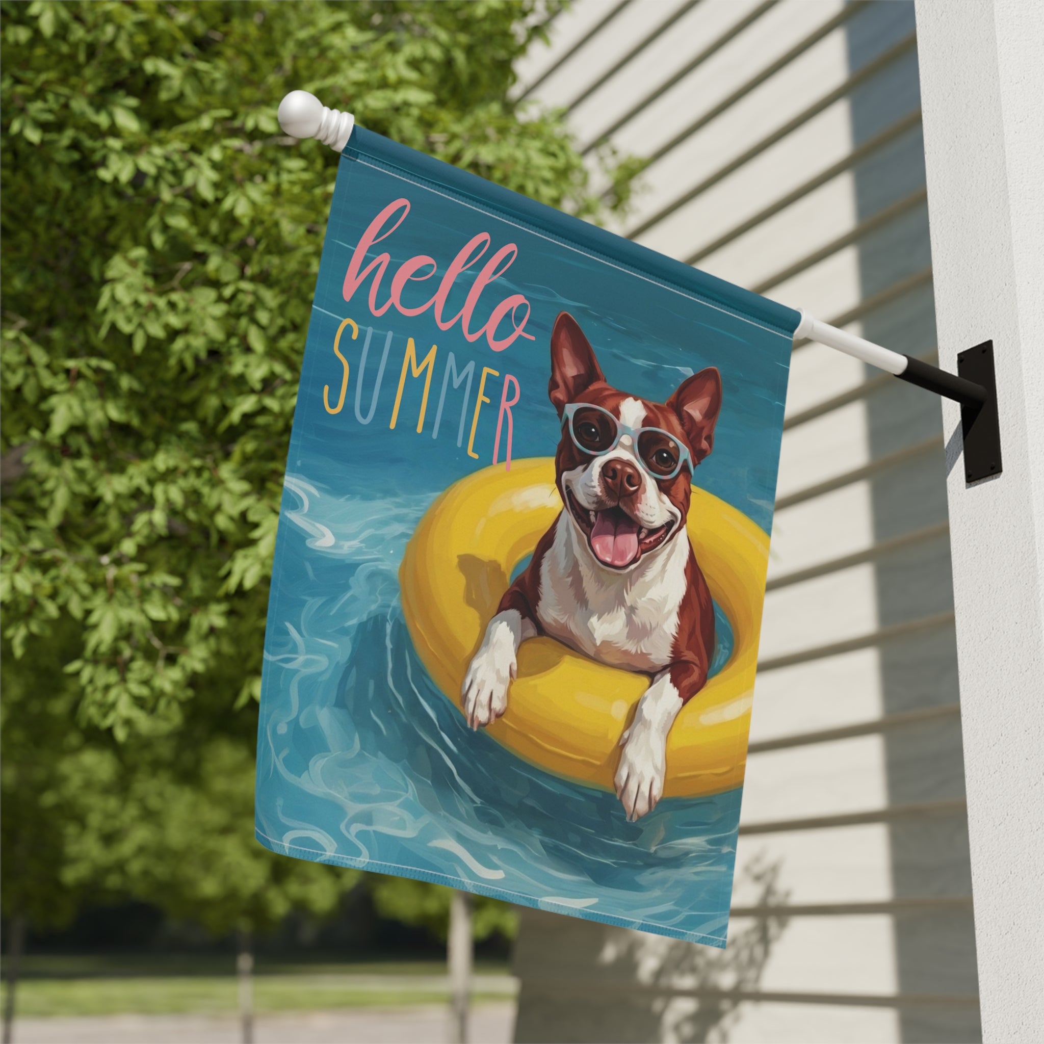 Hello Summer Red Boston Terrier Garden Flag