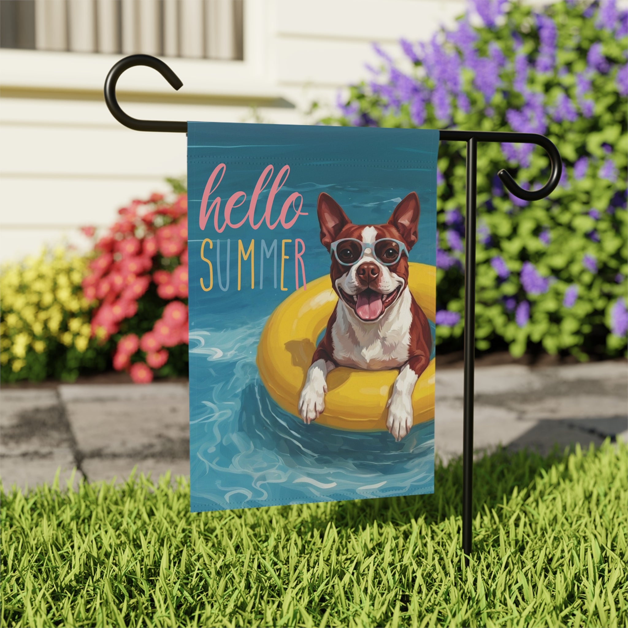 Hello Summer Red Boston Terrier Garden Flag