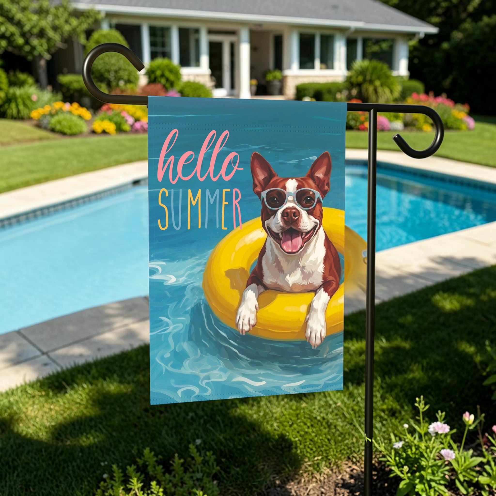 Hello Summer Red Boston Terrier Garden Flag