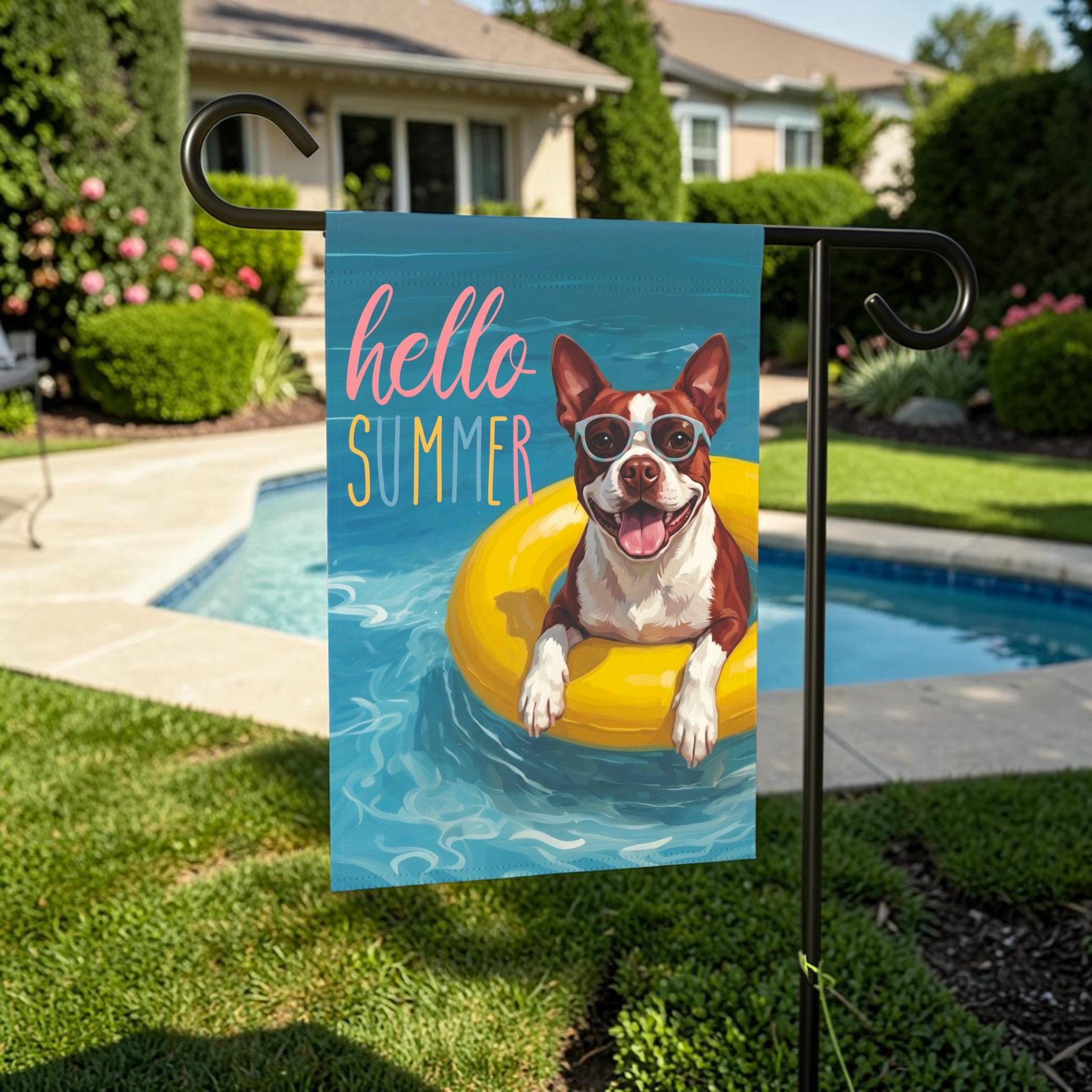 Hello Summer Red Boston Terrier Garden Flag
