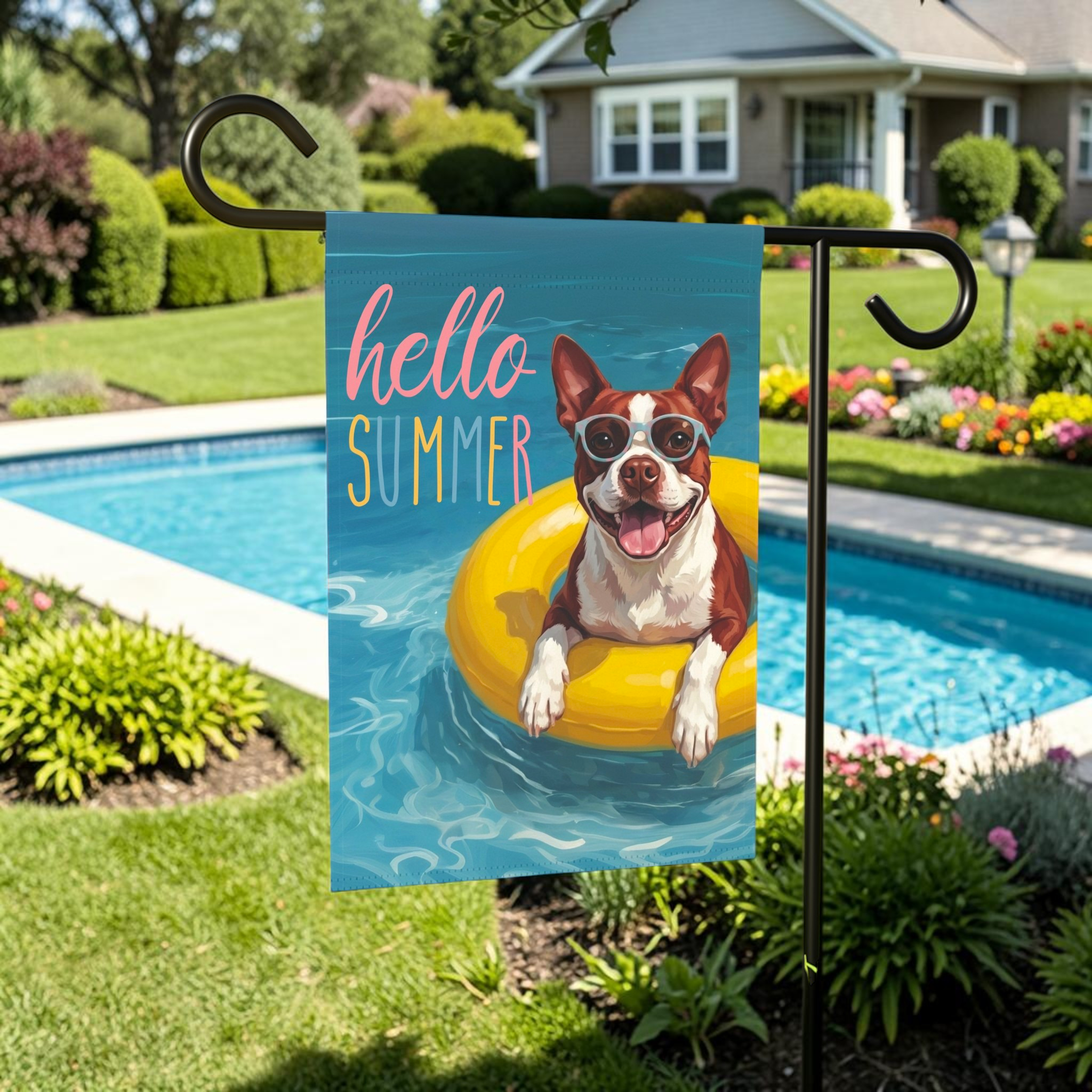 Hello Summer Red Boston Terrier Garden Flag