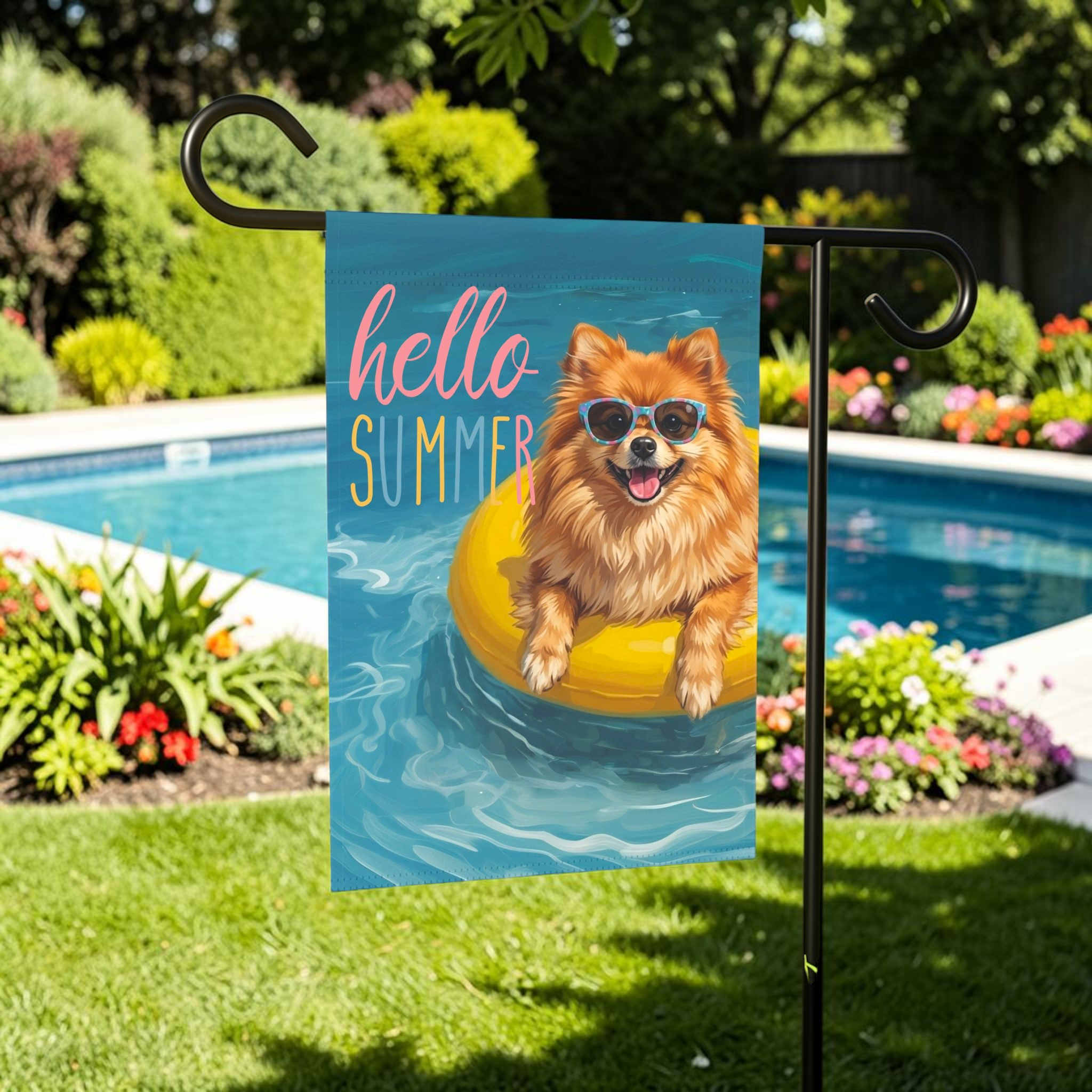 Hello Summer Pomeranian Garden Flag