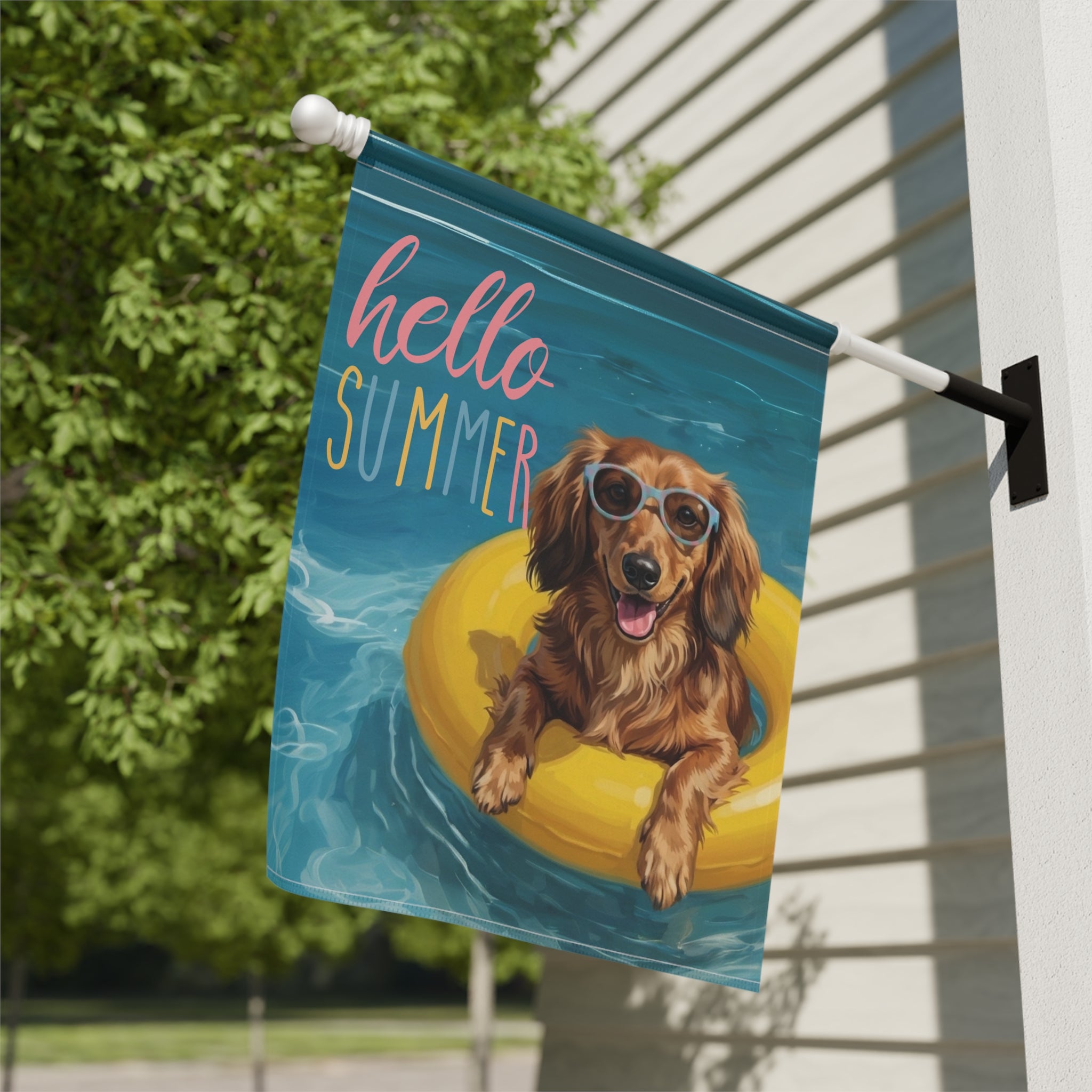 Hello Summer Long Hair Dachshund Garden Flag