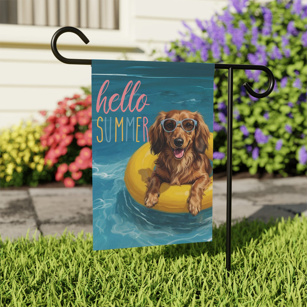 Hello Summer Long Hair Dachshund Garden Flag