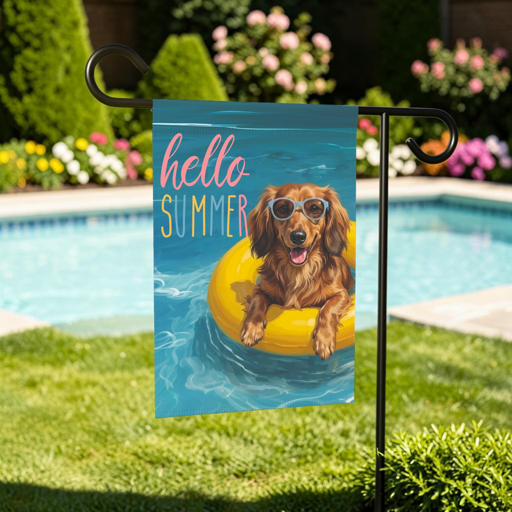 Hello Summer Long Hair Dachshund Garden Flag