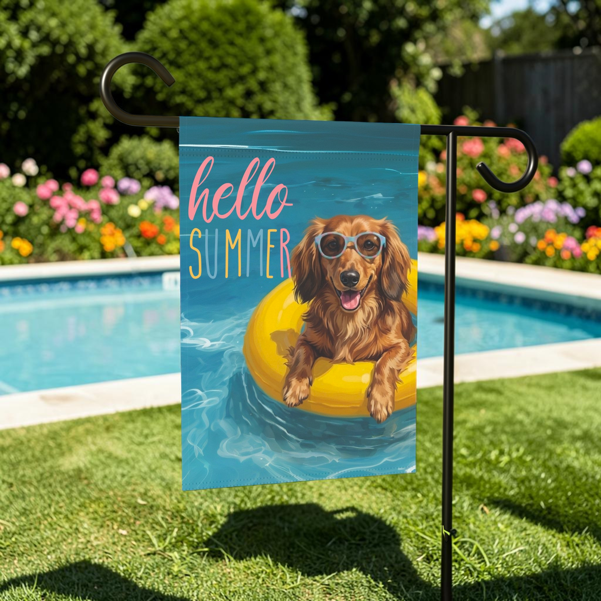 Hello Summer Long Hair Dachshund Garden Flag
